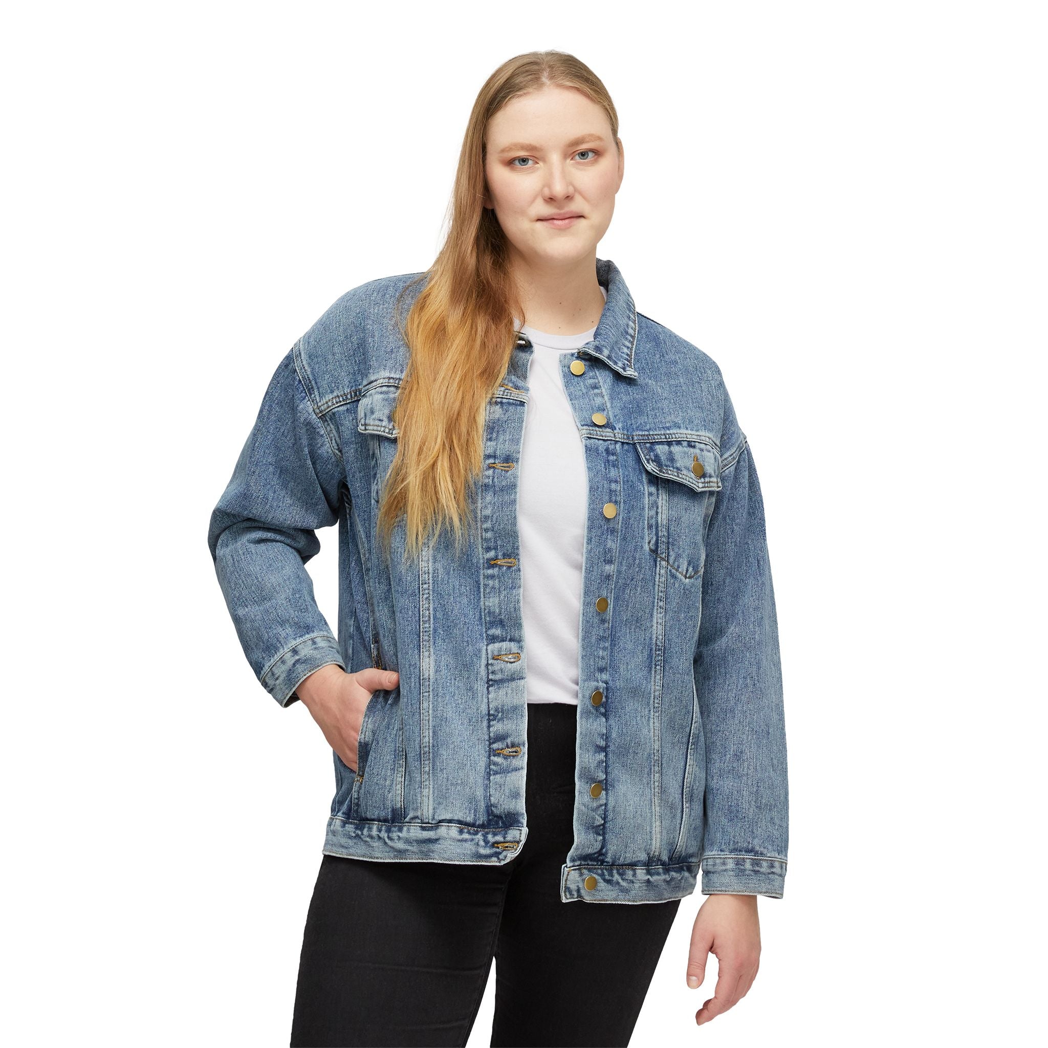 Women's Denim Jacket — Retro Patchback Bishop & Cross Graphic Jacket