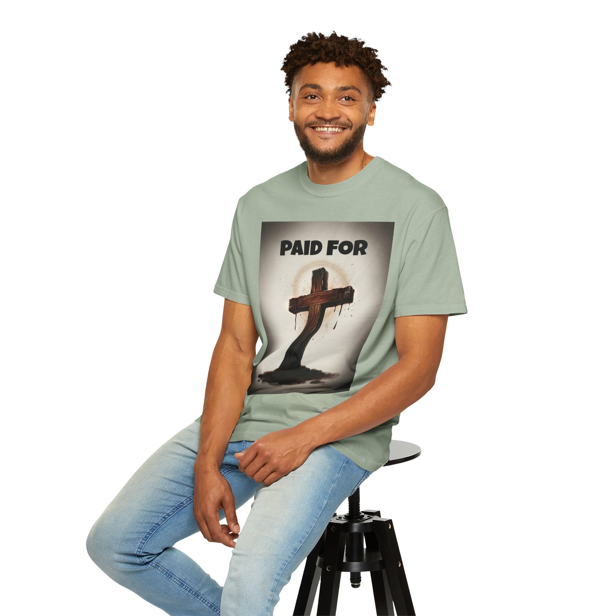 Christian T-Shirt — "Paid For" Cross Design with Rom. 10:13 Back