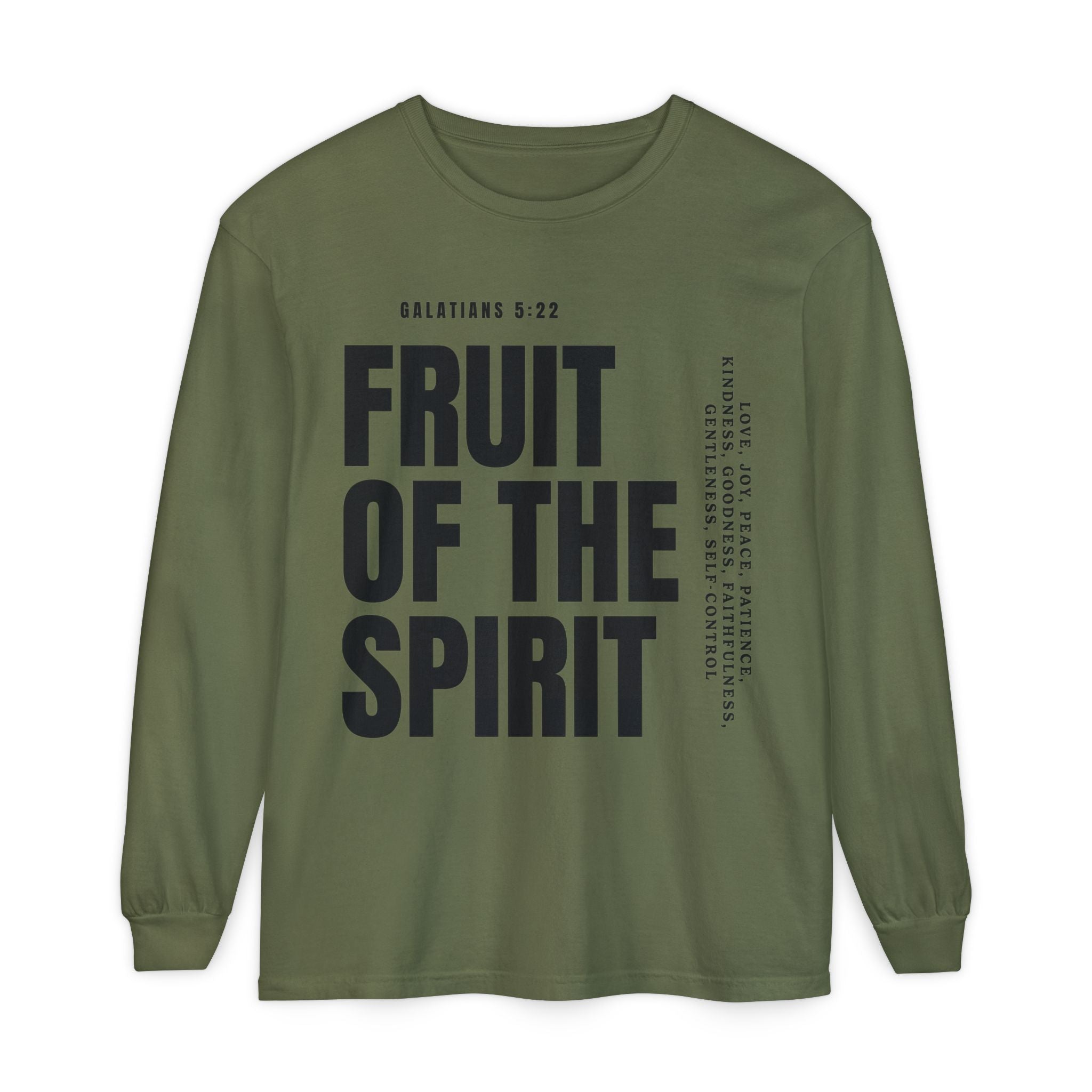 Fruit of the Spirit Long Sleeve Tee — Galatians 5:22 Christian Graphic Shirt (Be Fruitful)
