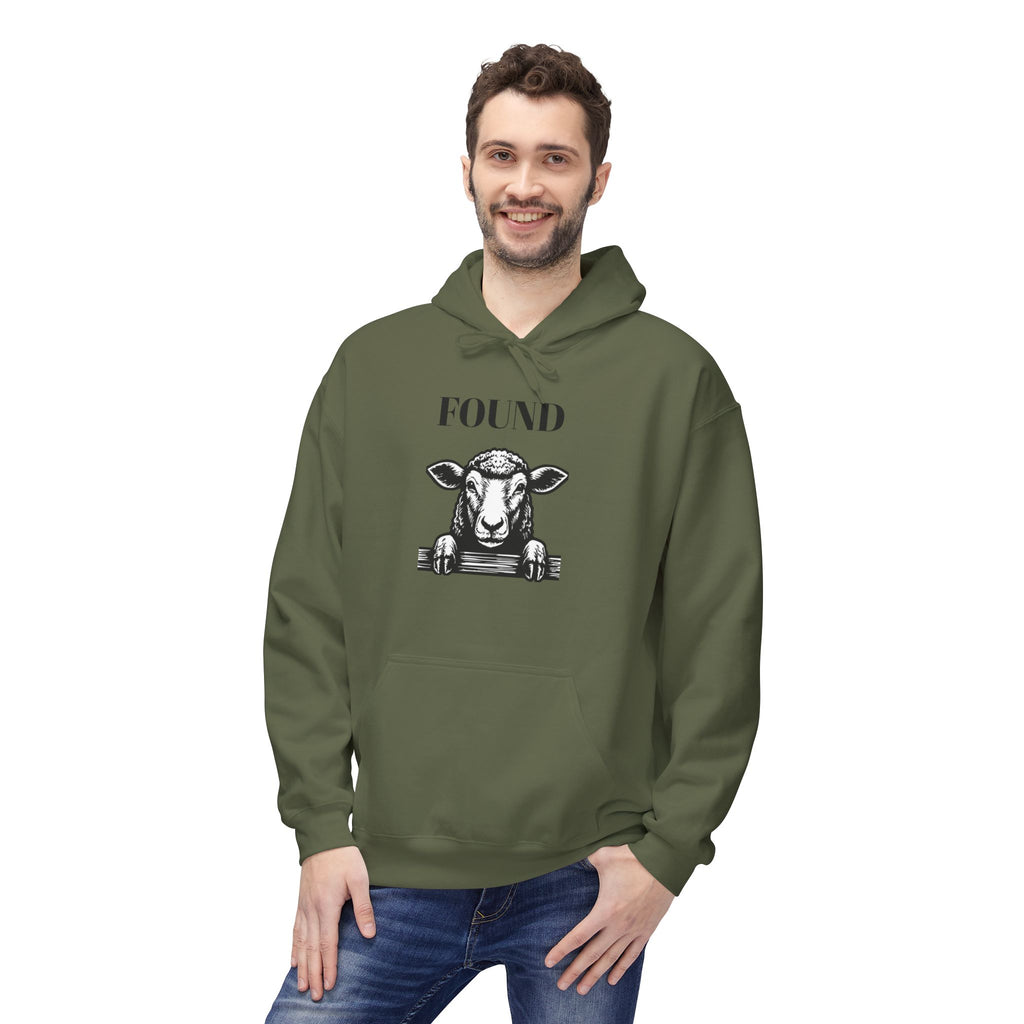 Sheep Graphic Hoodie – "FOUND" Front & Luke 15:7 Back Religious Pullover