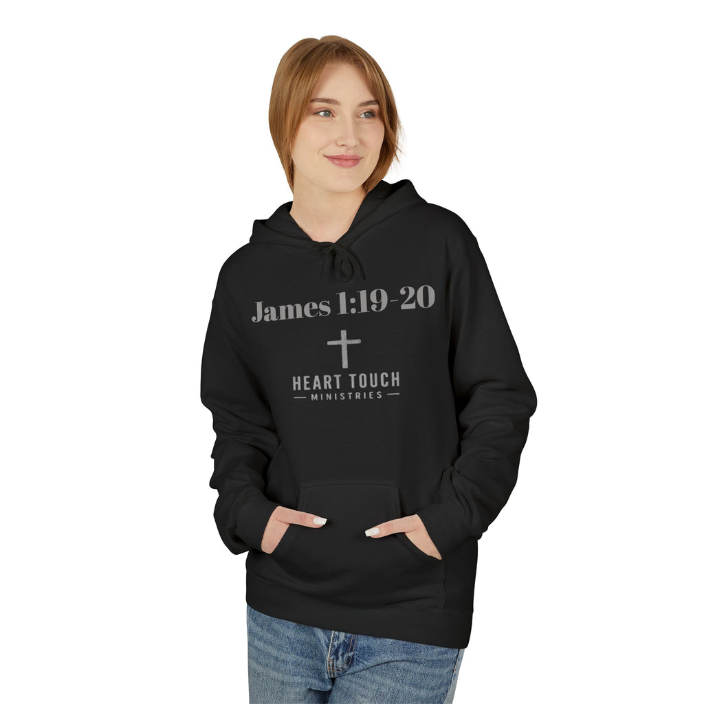 Christian Hoodie — "James 1:19-20" Cross Design Hoodie for Church & Faith Events