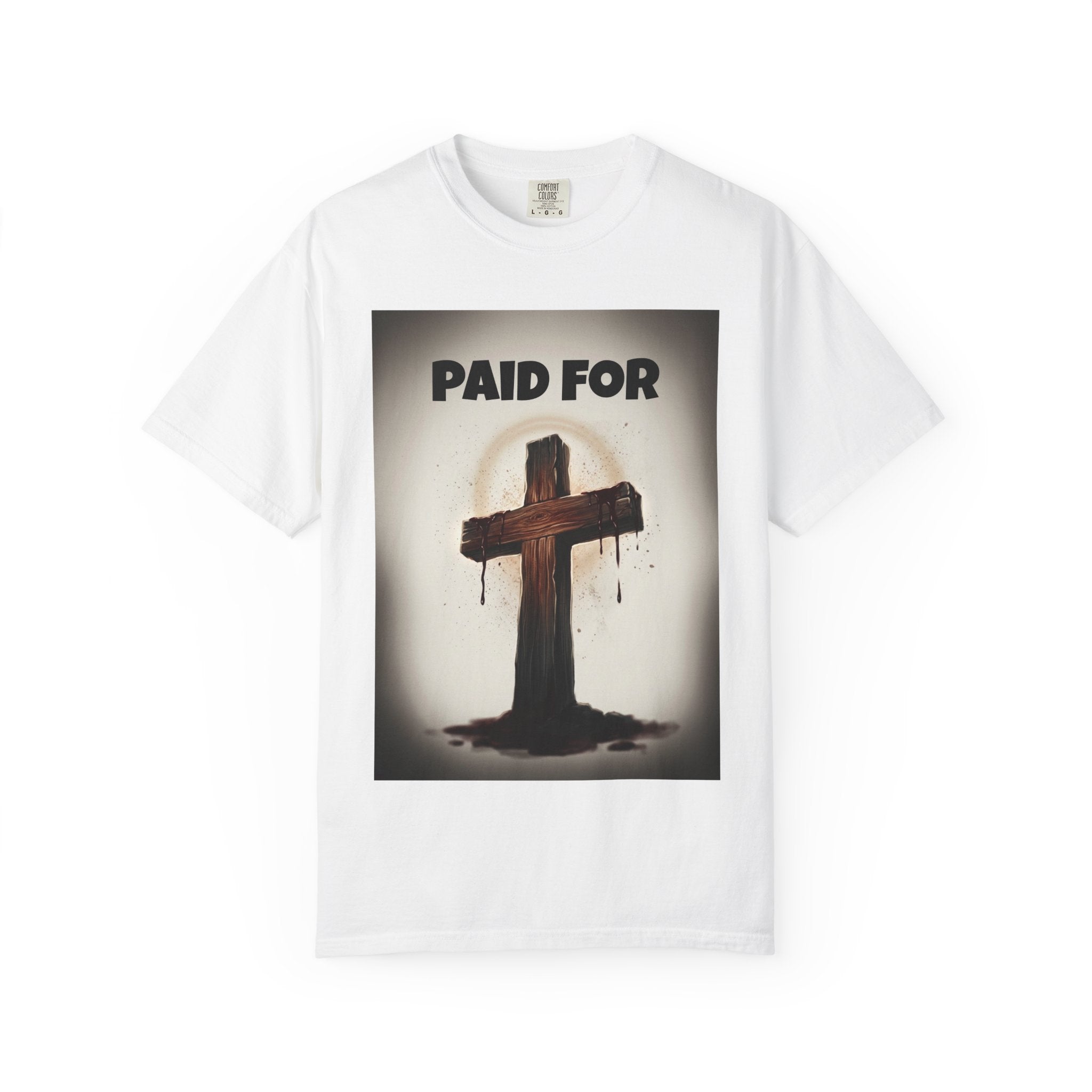 Christian T-Shirt — "Paid For" Cross Design with Rom. 10:13 Back