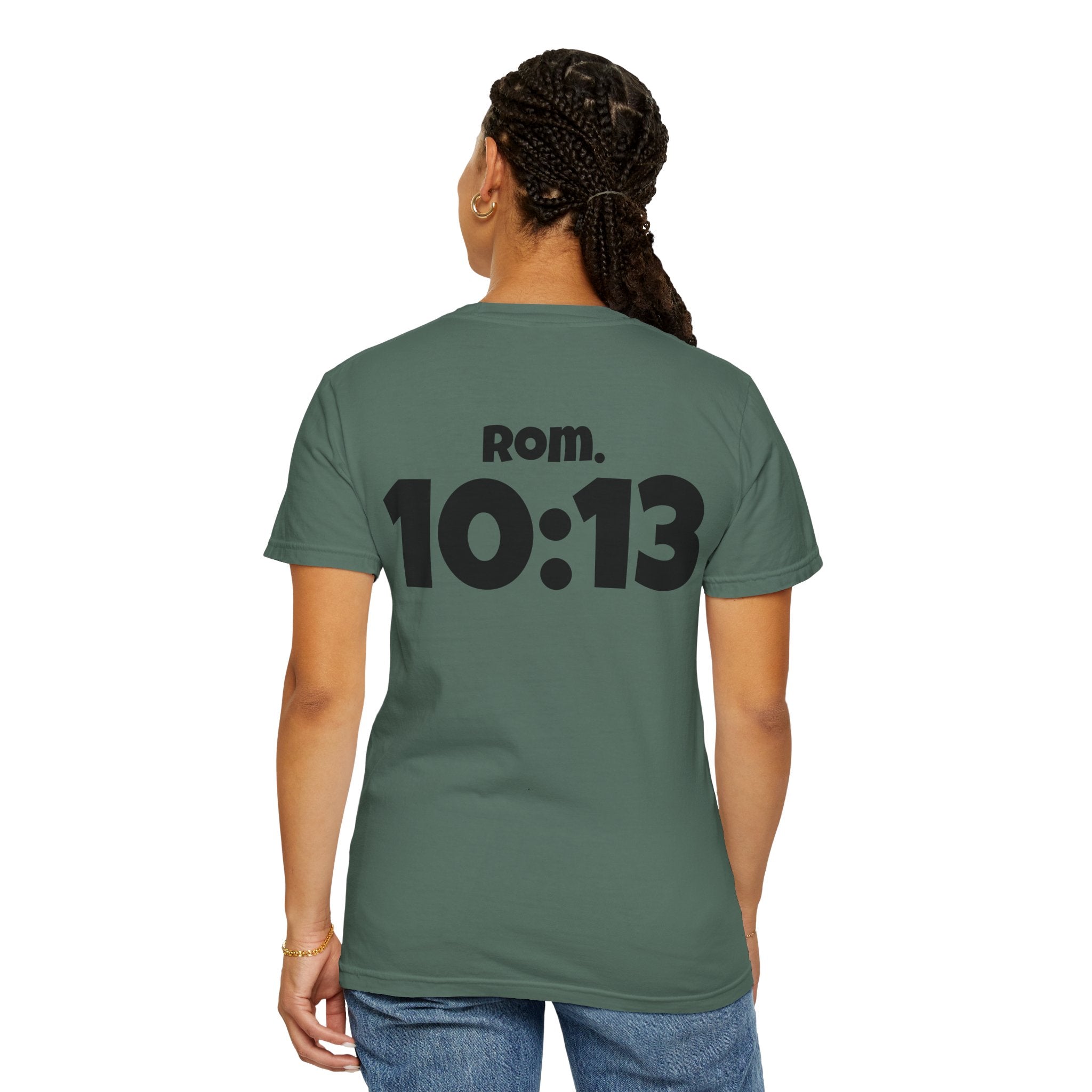 Christian T-Shirt — "Paid For" Cross Design with Rom. 10:13 Back
