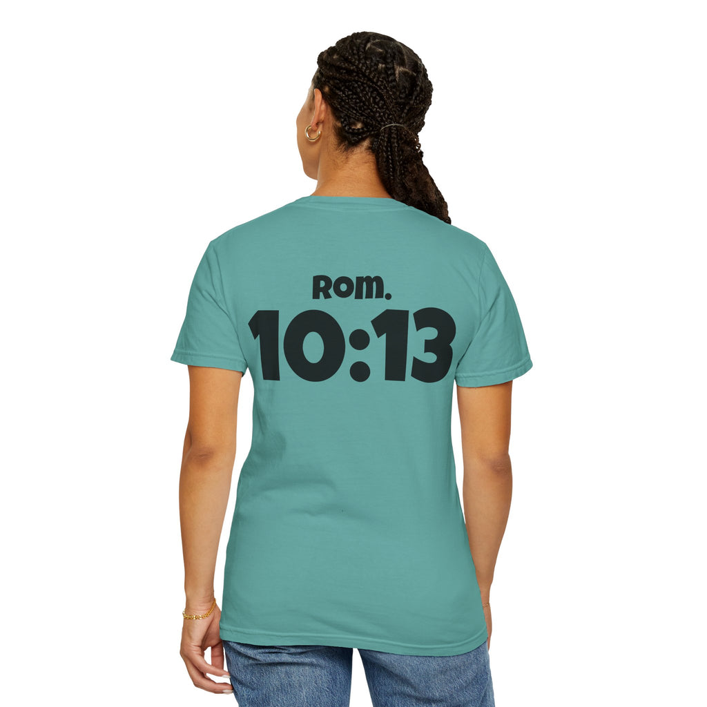 Christian T-Shirt — "Paid For" Cross Design with Rom. 10:13 Back
