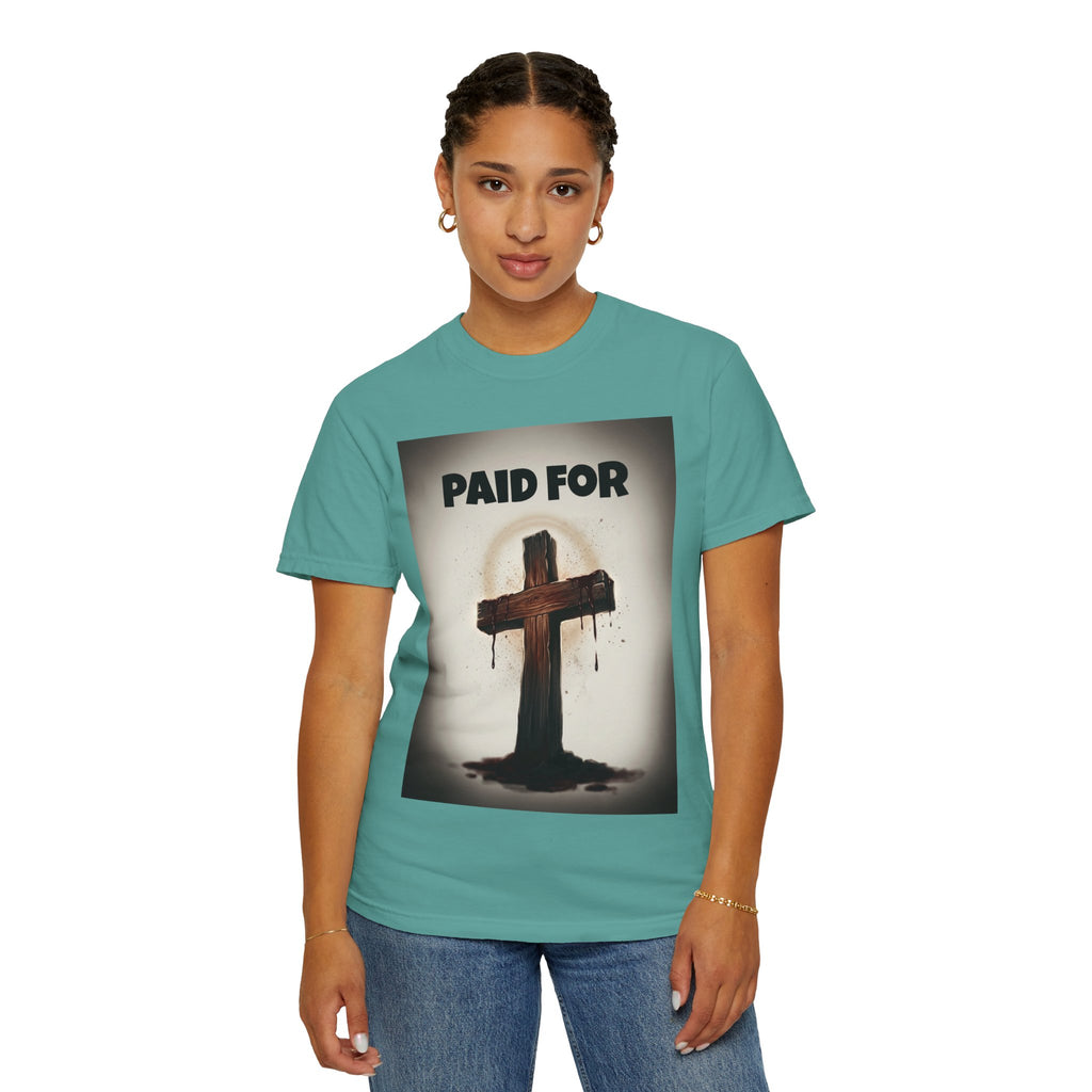 Christian T-Shirt — "Paid For" Cross Design with Rom. 10:13 Back