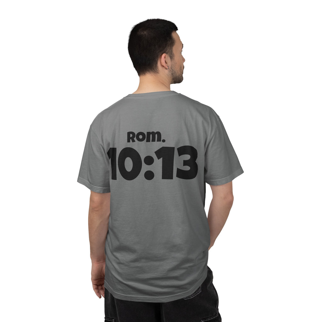 Christian T-Shirt — "Paid For" Cross Design with Rom. 10:13 Back