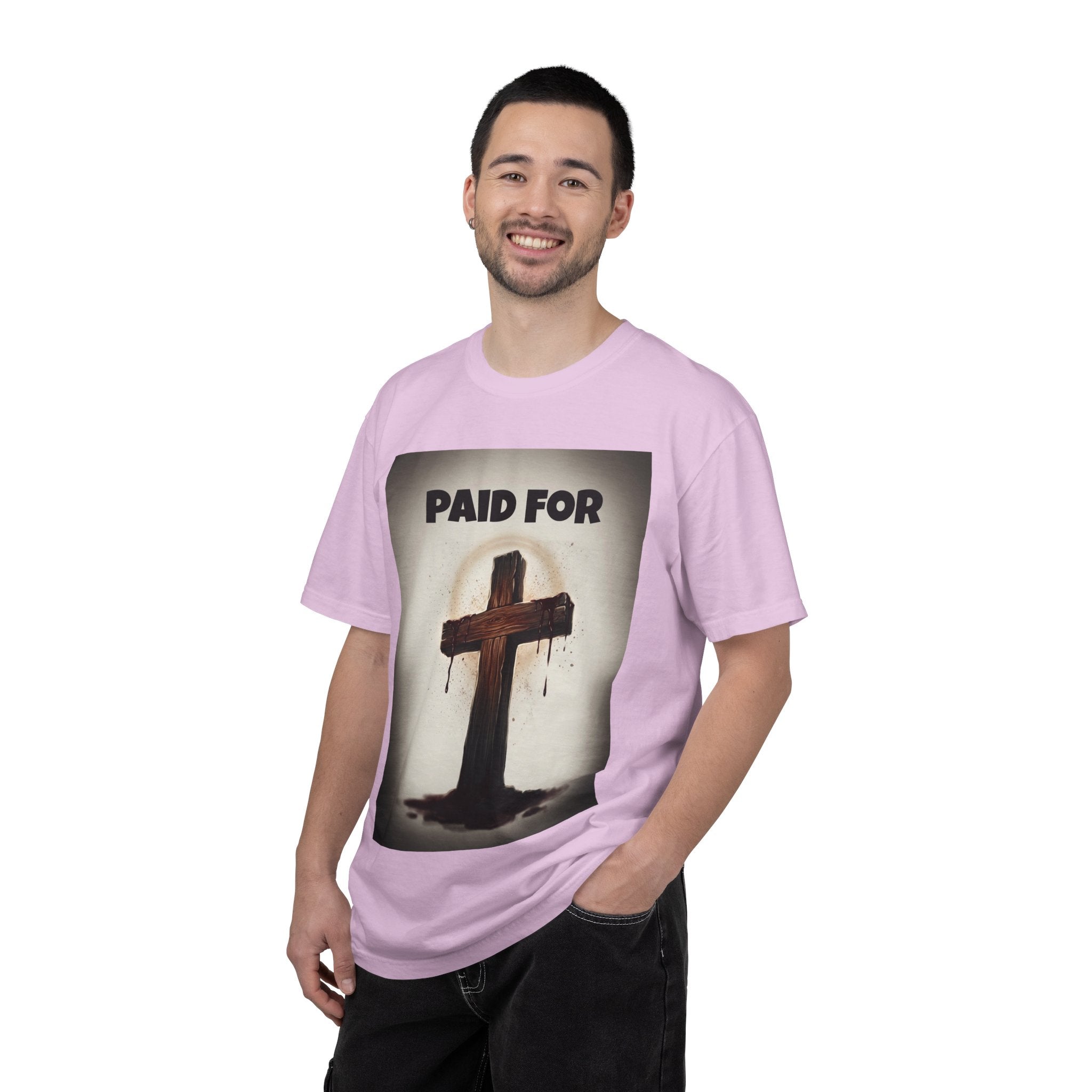 Christian T-Shirt — "Paid For" Cross Design with Rom. 10:13 Back