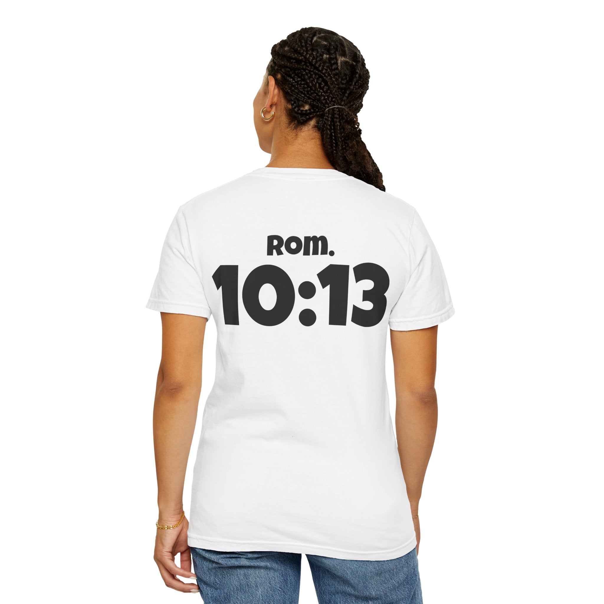 Christian T-Shirt — "Paid For" Cross Design with Rom. 10:13 Back