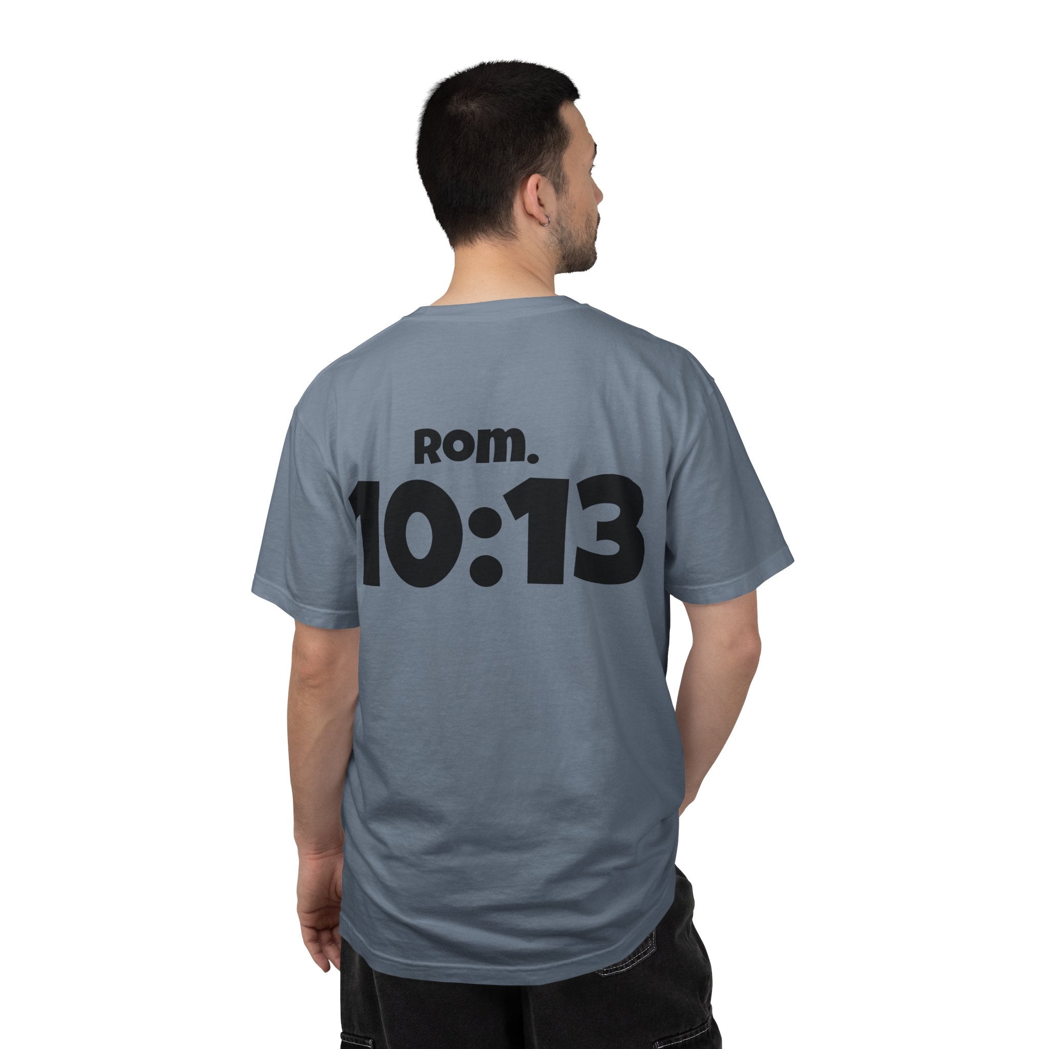 Christian T-Shirt — "Paid For" Cross Design with Rom. 10:13 Back