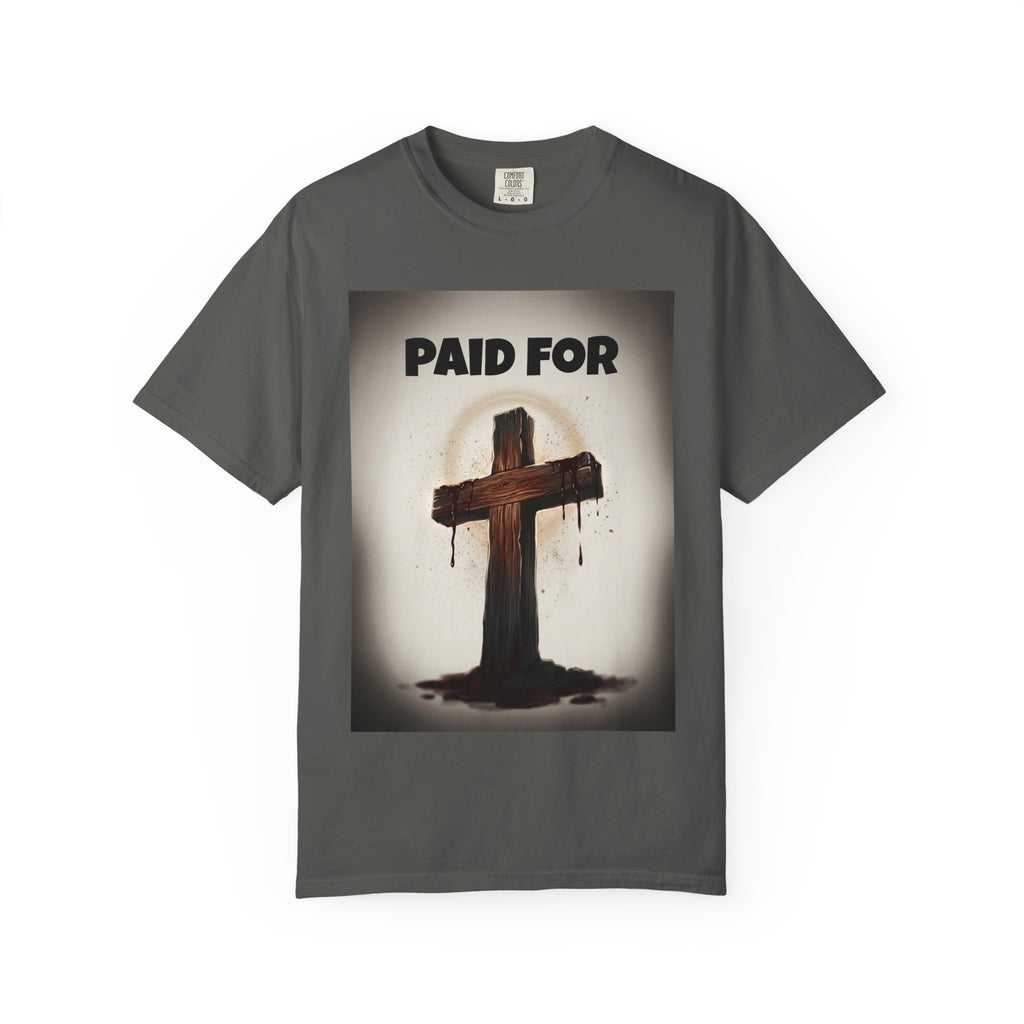 Christian T-Shirt — "Paid For" Cross Design with Rom. 10:13 Back