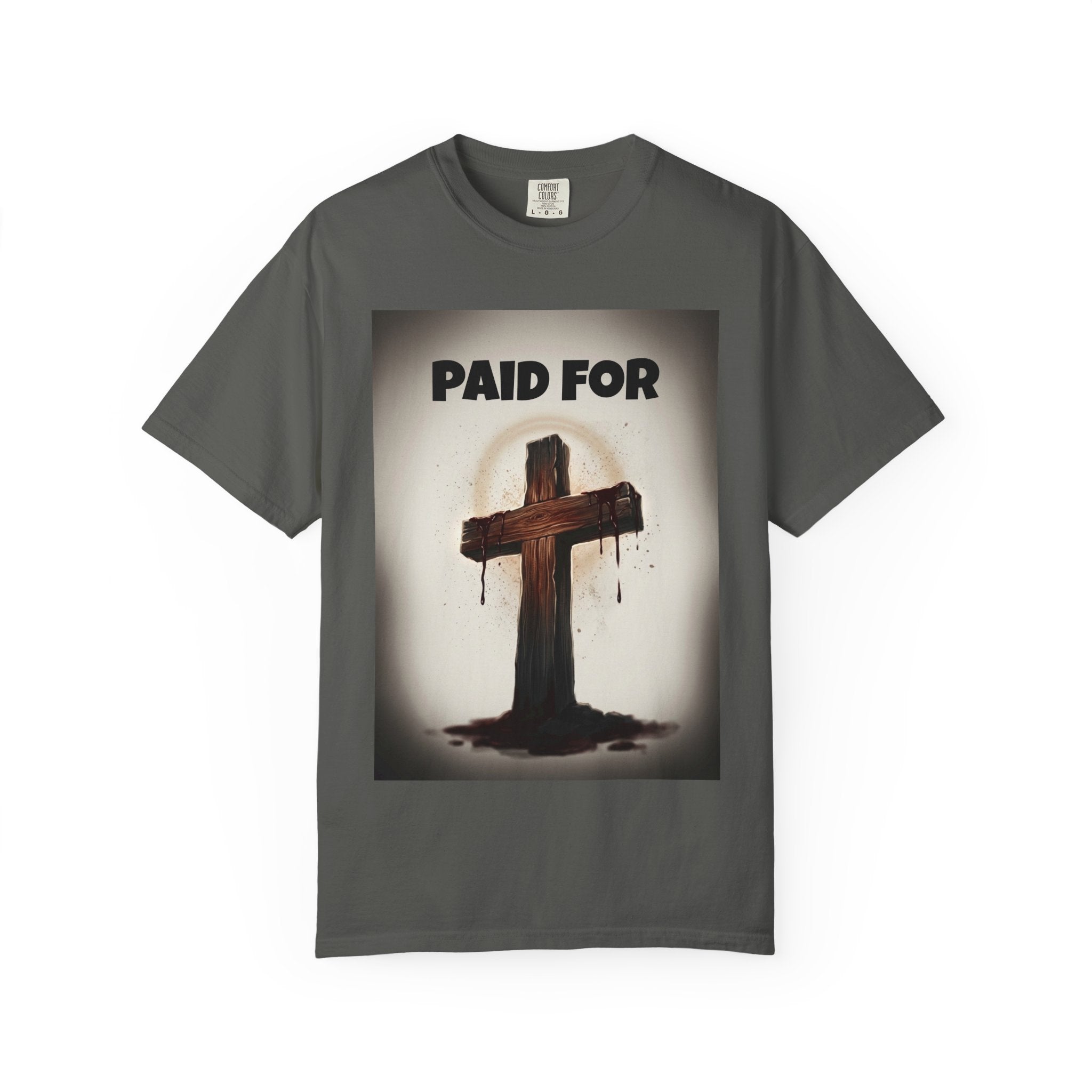 Christian T-Shirt — "Paid For" Cross Design with Rom. 10:13 Back