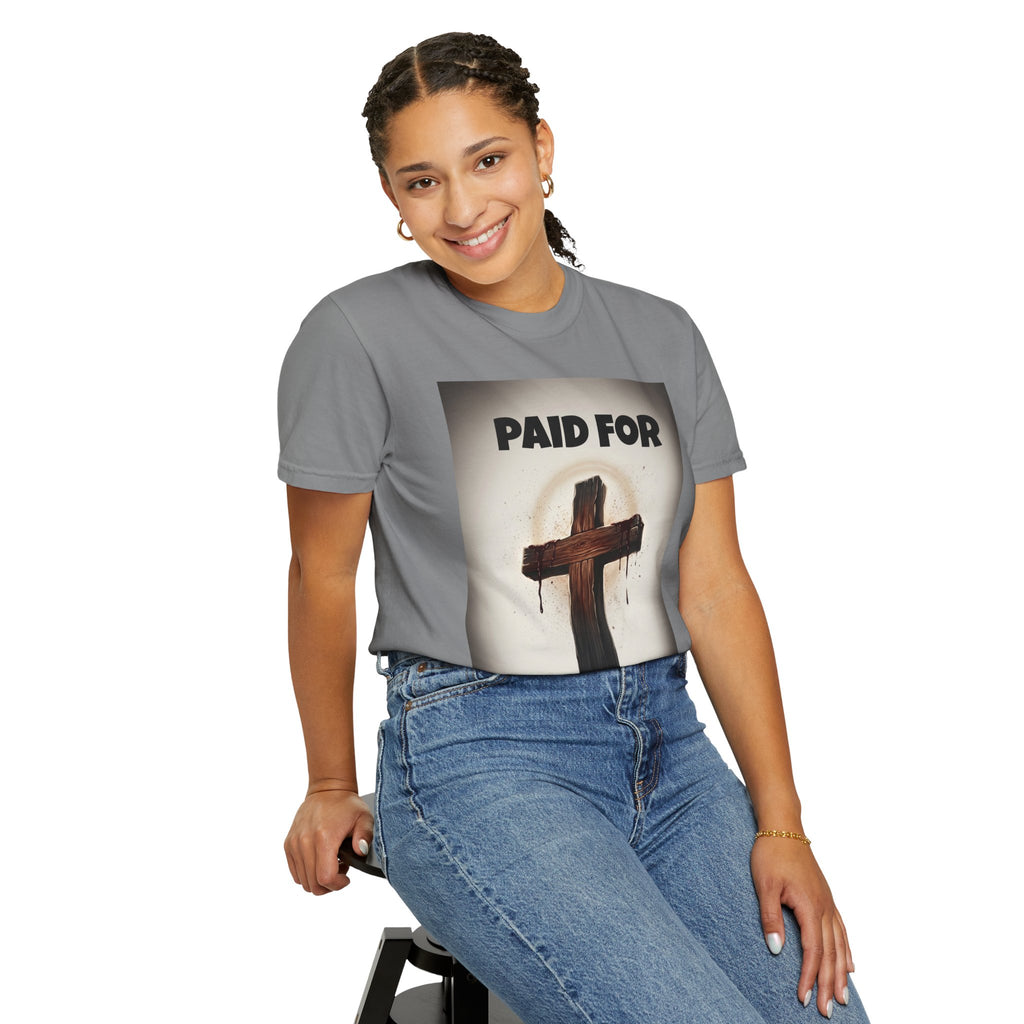 Christian T-Shirt — "Paid For" Cross Design with Rom. 10:13 Back