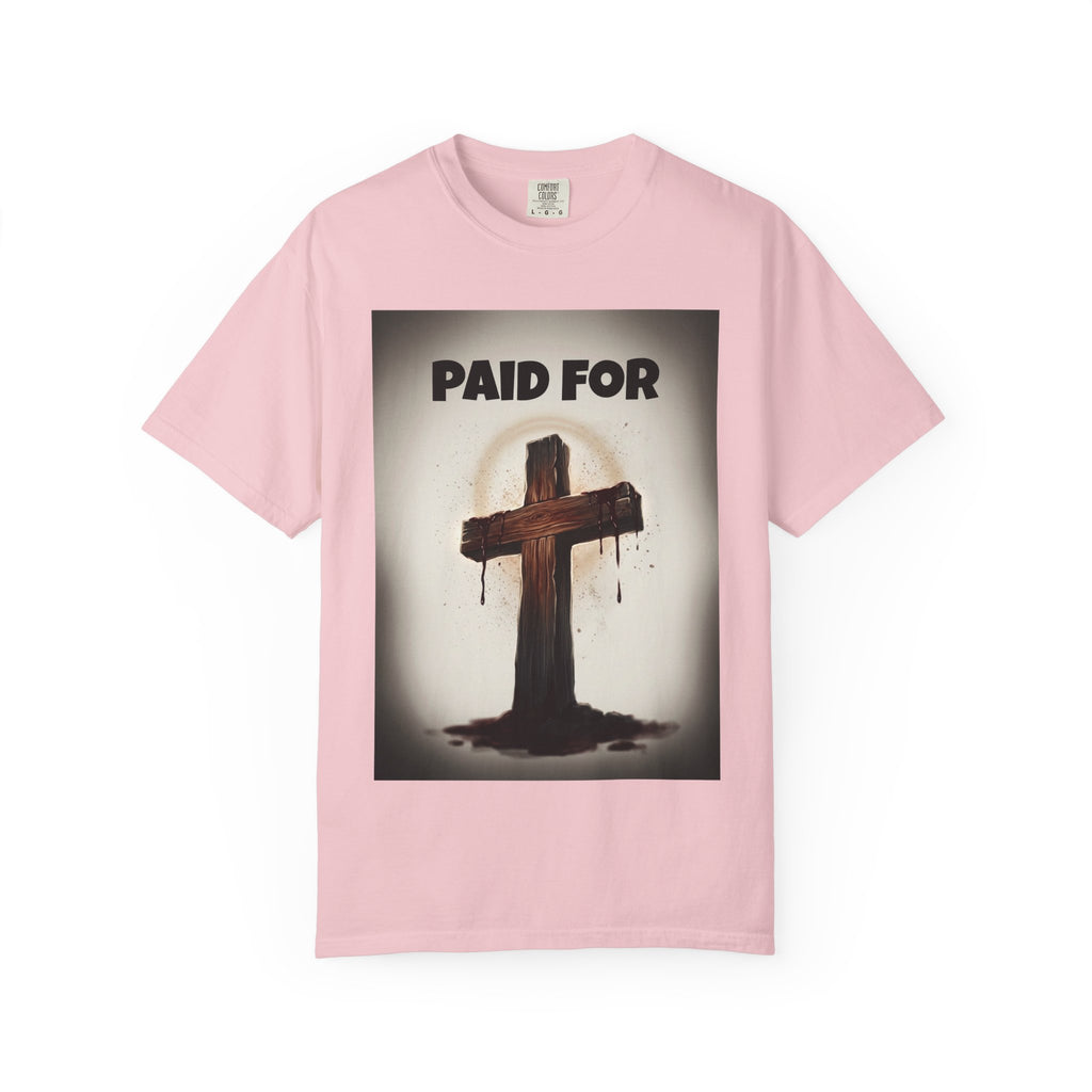 Christian T-Shirt — "Paid For" Cross Design with Rom. 10:13 Back