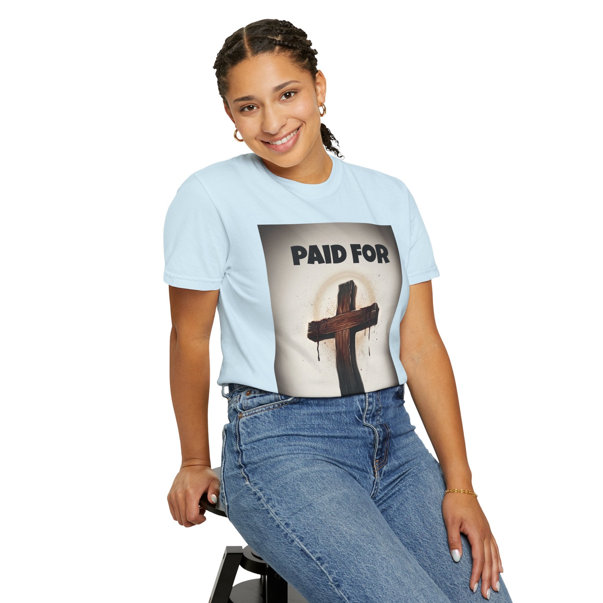 Christian T-Shirt — "Paid For" Cross Design with Rom. 10:13 Back