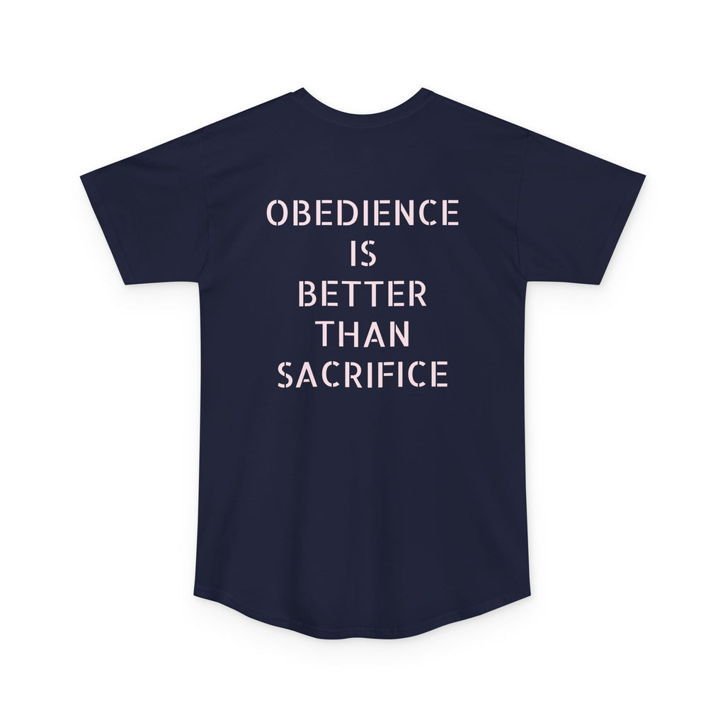 Long Body Tee — “Obedience Is Better Than Sacrifice” Minimalist Statement Shirt