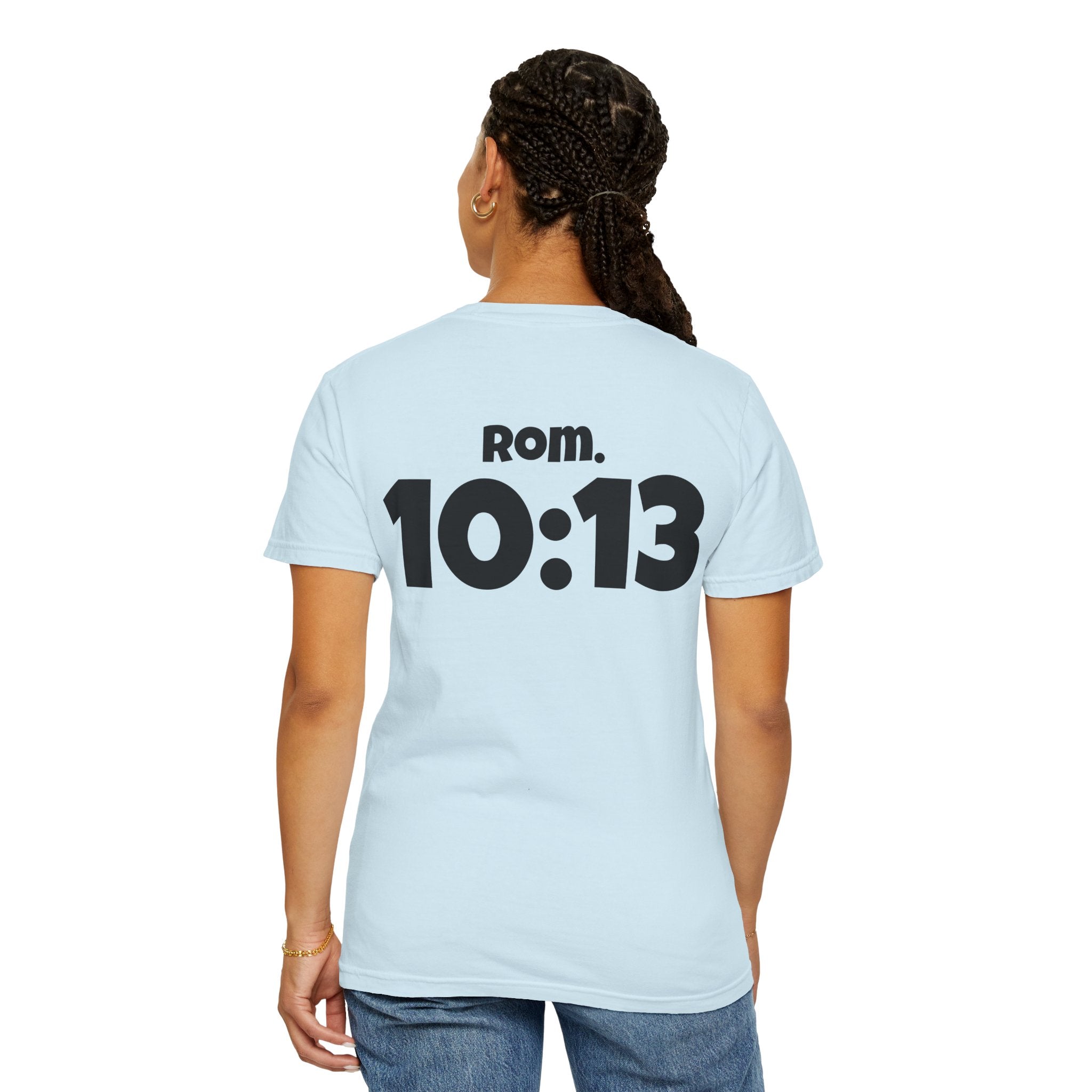 Christian T-Shirt — "Paid For" Cross Design with Rom. 10:13 Back