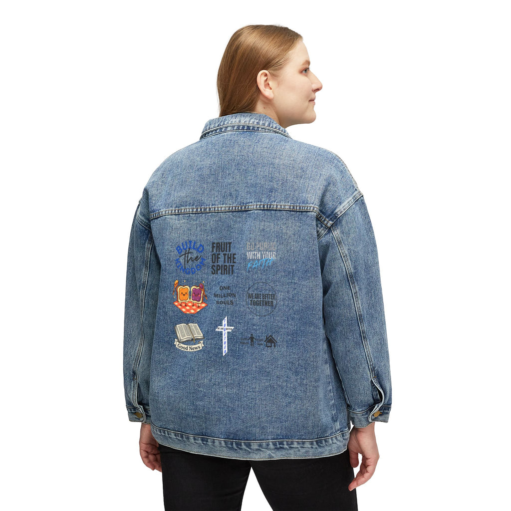 Women's Denim Jacket — Retro Patchback Bishop & Cross Graphic Jacket