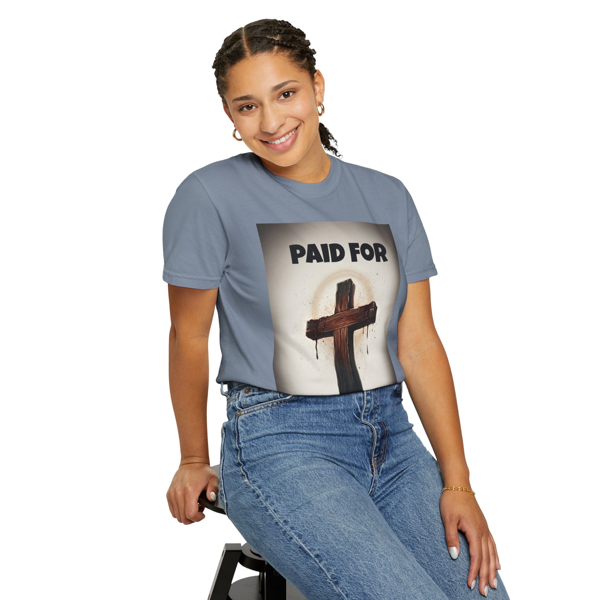 Christian T-Shirt — "Paid For" Cross Design with Rom. 10:13 Back