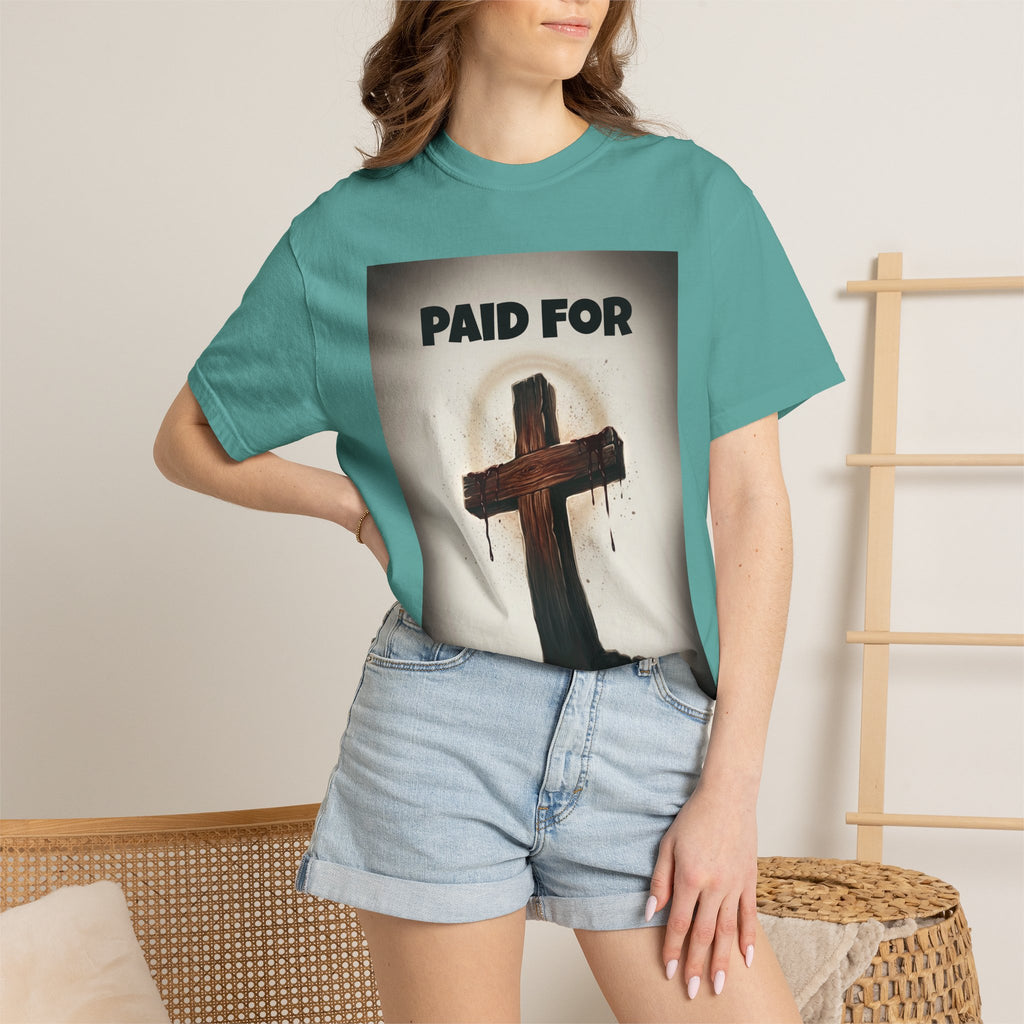 Christian T-Shirt — "Paid For" Cross Design with Rom. 10:13 Back