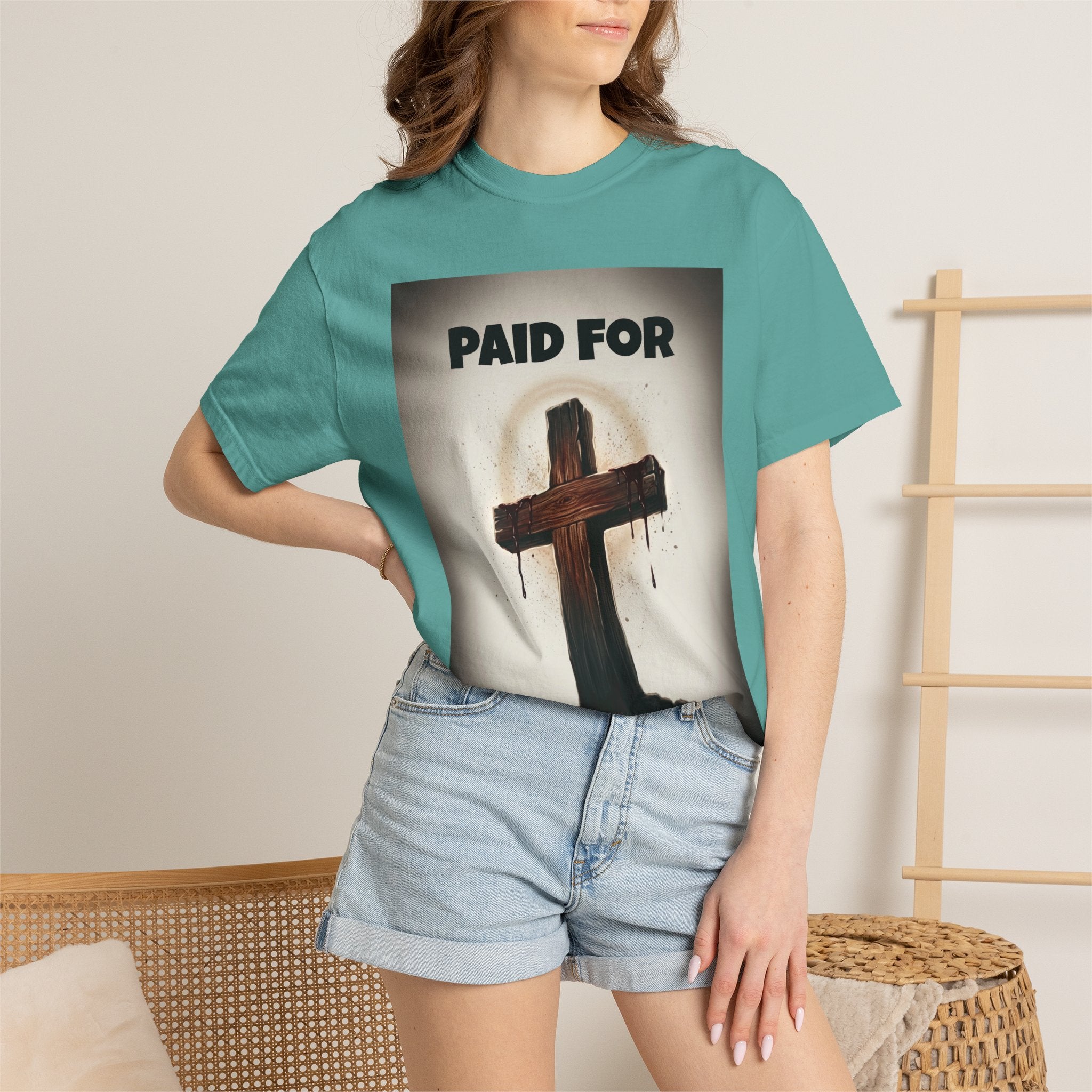 Christian T-Shirt — "Paid For" Cross Design with Rom. 10:13 Back