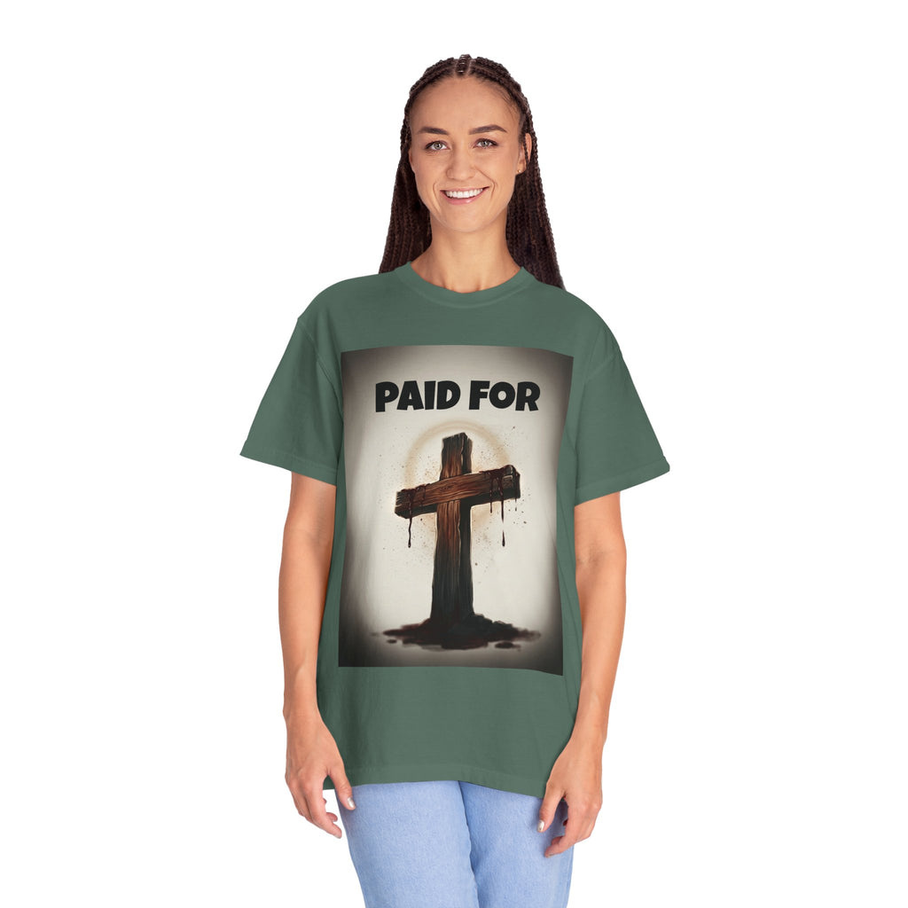 Christian T-Shirt — "Paid For" Cross Design with Rom. 10:13 Back