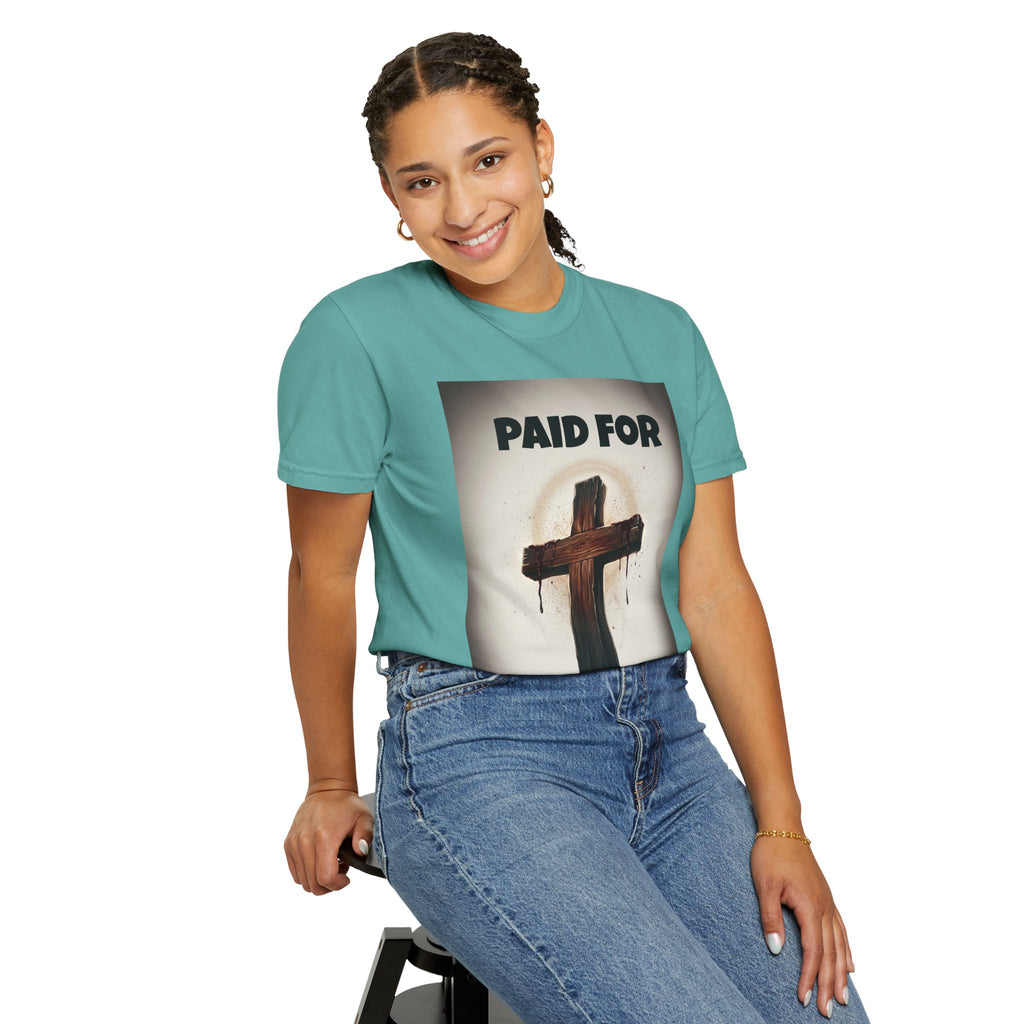 Christian T-Shirt — "Paid For" Cross Design with Rom. 10:13 Back