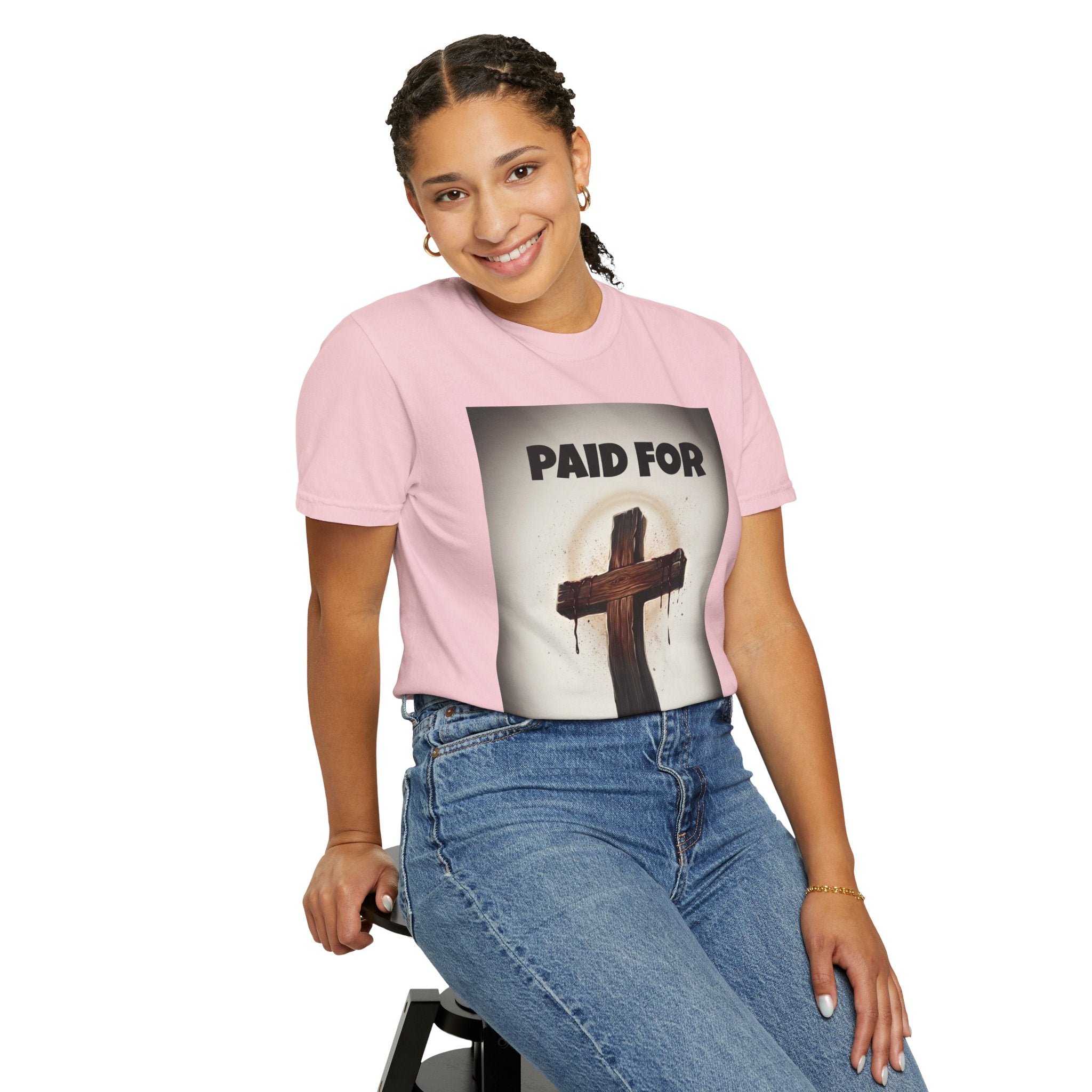 Christian T-Shirt — "Paid For" Cross Design with Rom. 10:13 Back