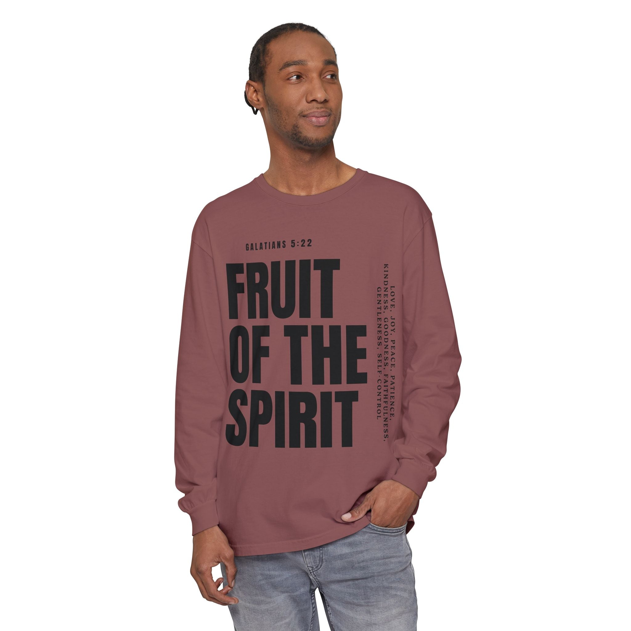 Fruit of the Spirit Long Sleeve Tee — Galatians 5:22 Christian Graphic Shirt (Be Fruitful)