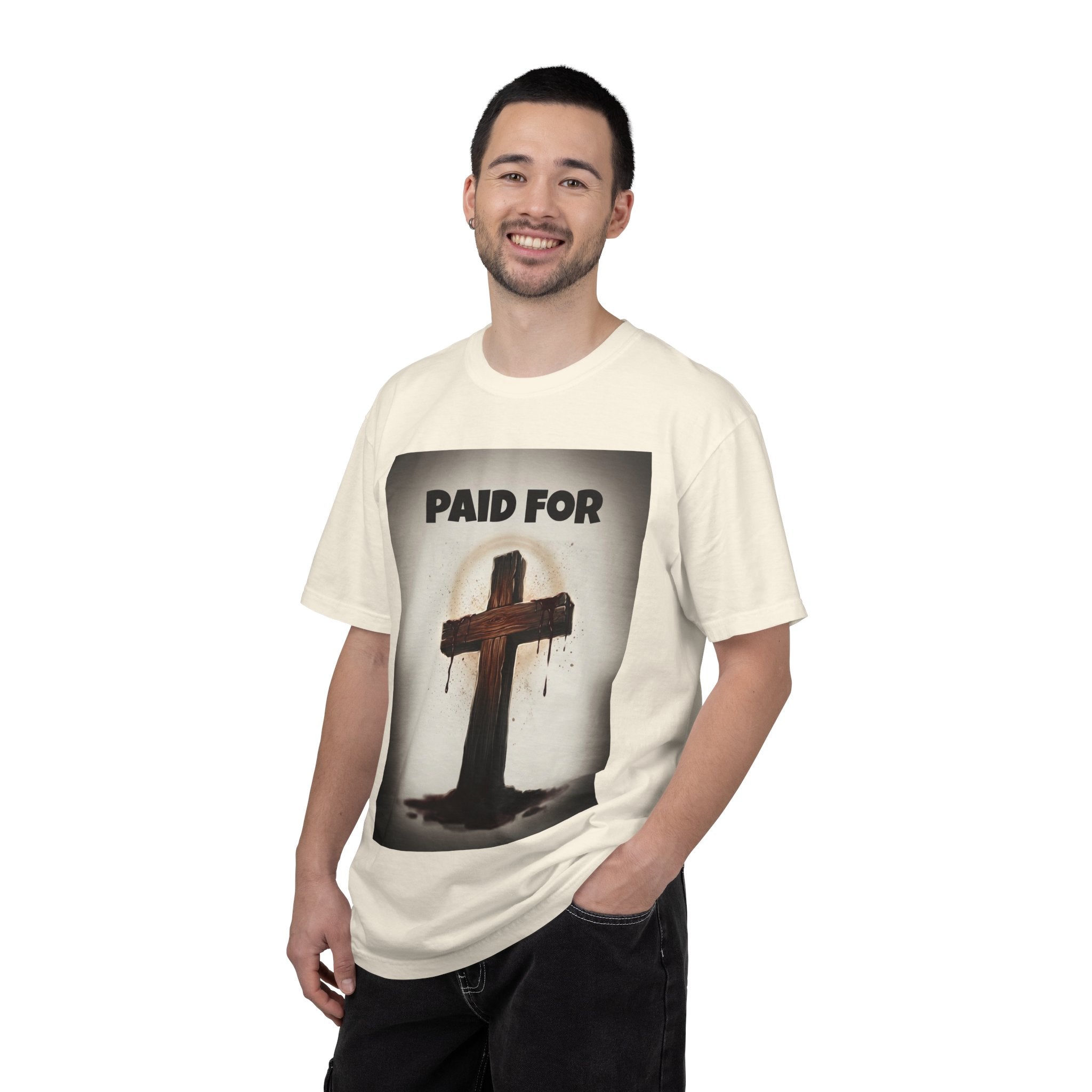 Christian T-Shirt — "Paid For" Cross Design with Rom. 10:13 Back