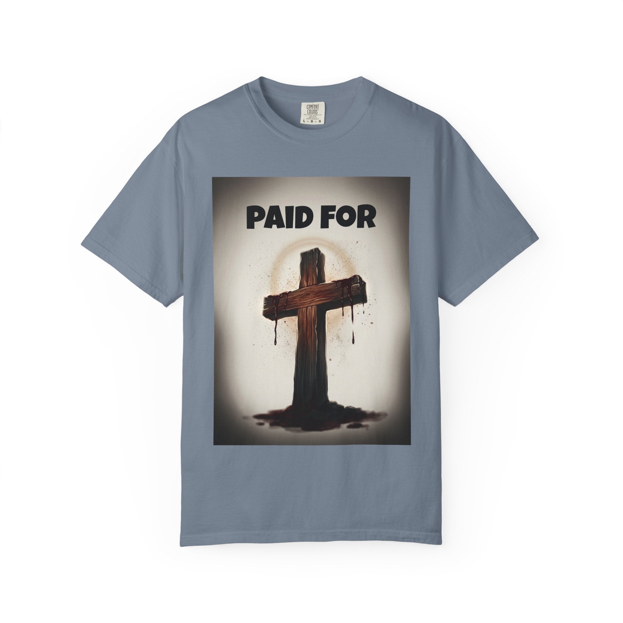 Christian T-Shirt — "Paid For" Cross Design with Rom. 10:13 Back