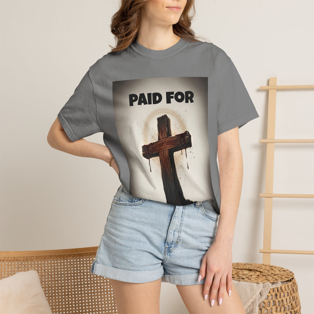 Christian T-Shirt — "Paid For" Cross Design with Rom. 10:13 Back