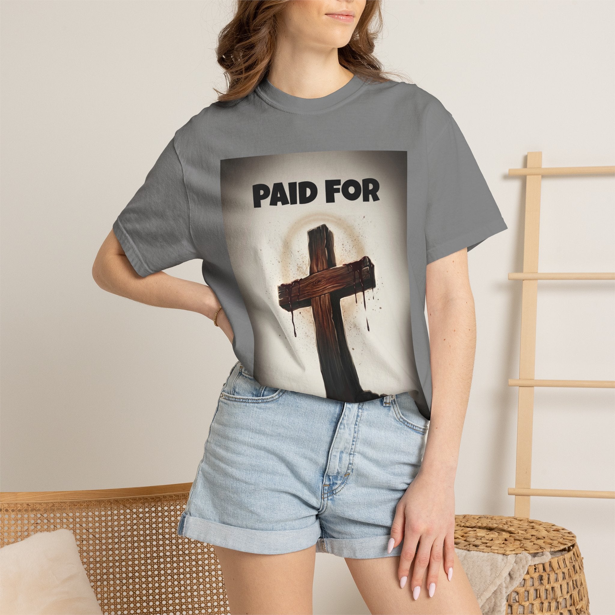 Christian T-Shirt — "Paid For" Cross Design with Rom. 10:13 Back