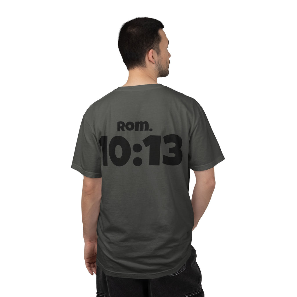 Christian T-Shirt — "Paid For" Cross Design with Rom. 10:13 Back