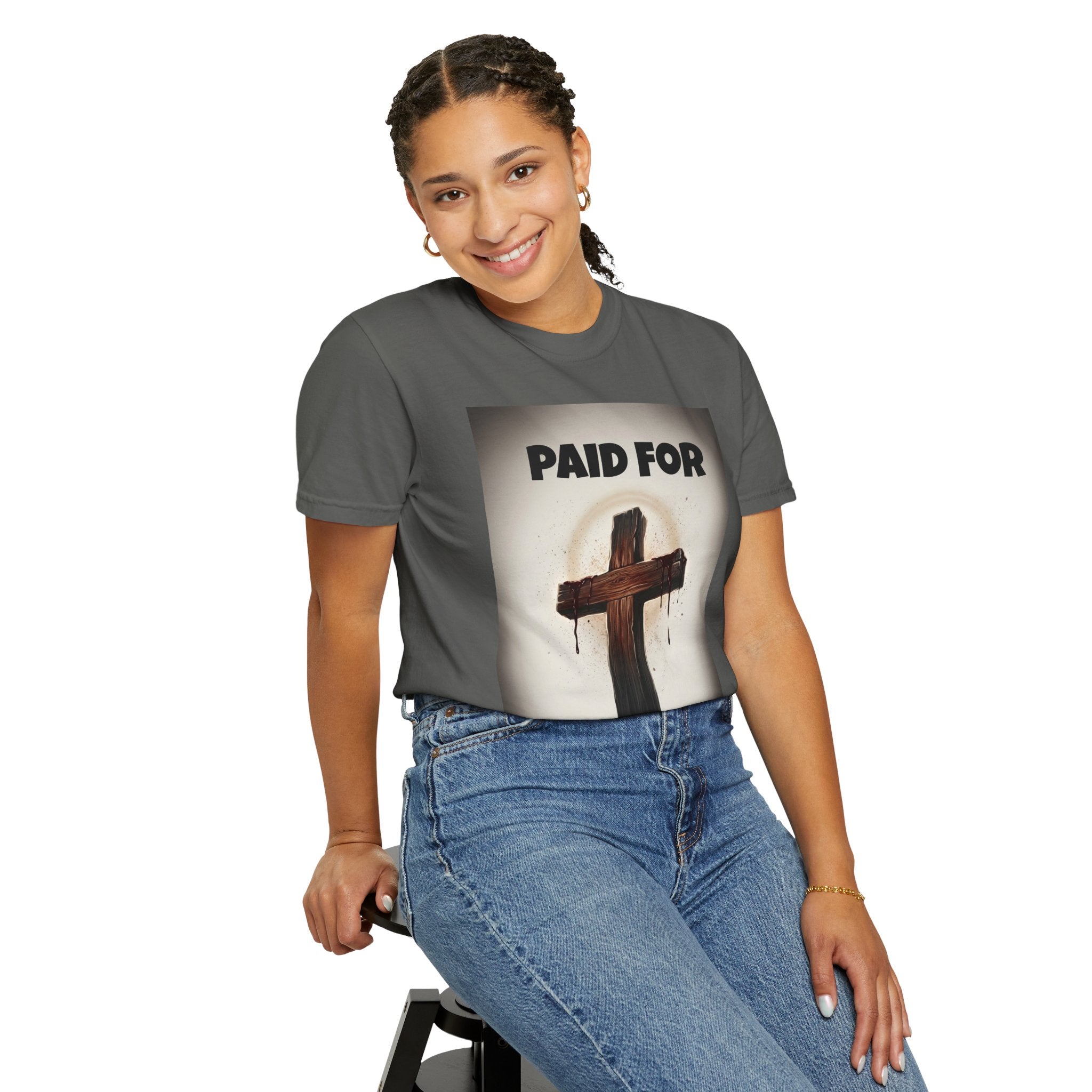 Christian T-Shirt — "Paid For" Cross Design with Rom. 10:13 Back