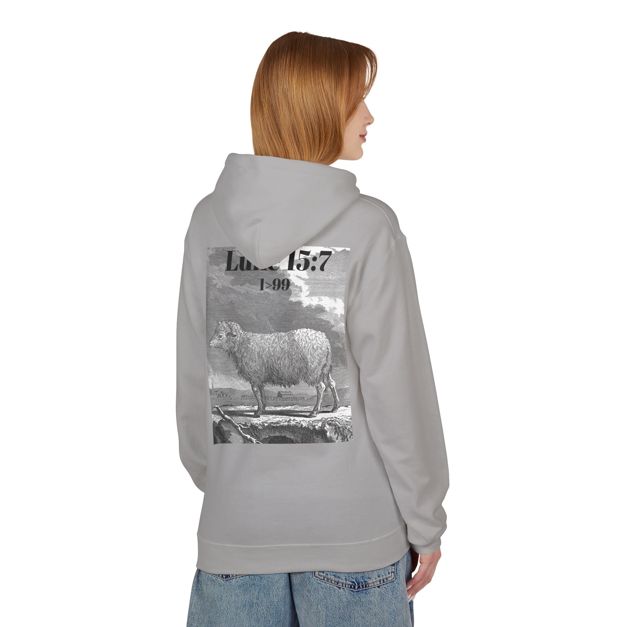 Sheep Graphic Hoodie – "FOUND" Front & Luke 15:7 Back Religious Pullover