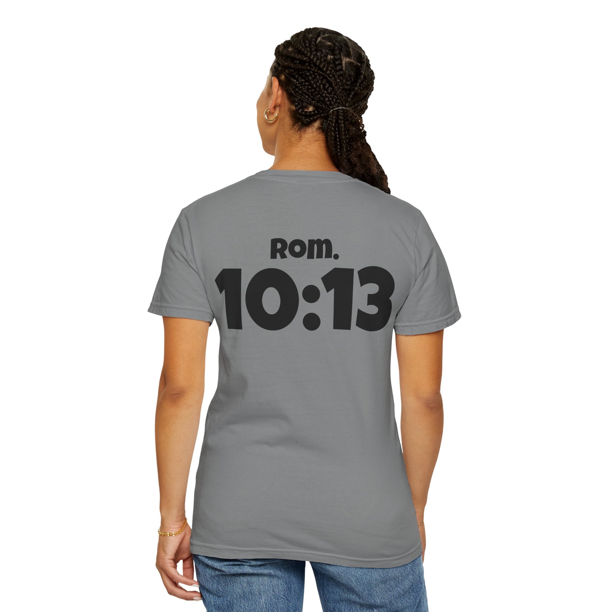 Christian T-Shirt — "Paid For" Cross Design with Rom. 10:13 Back