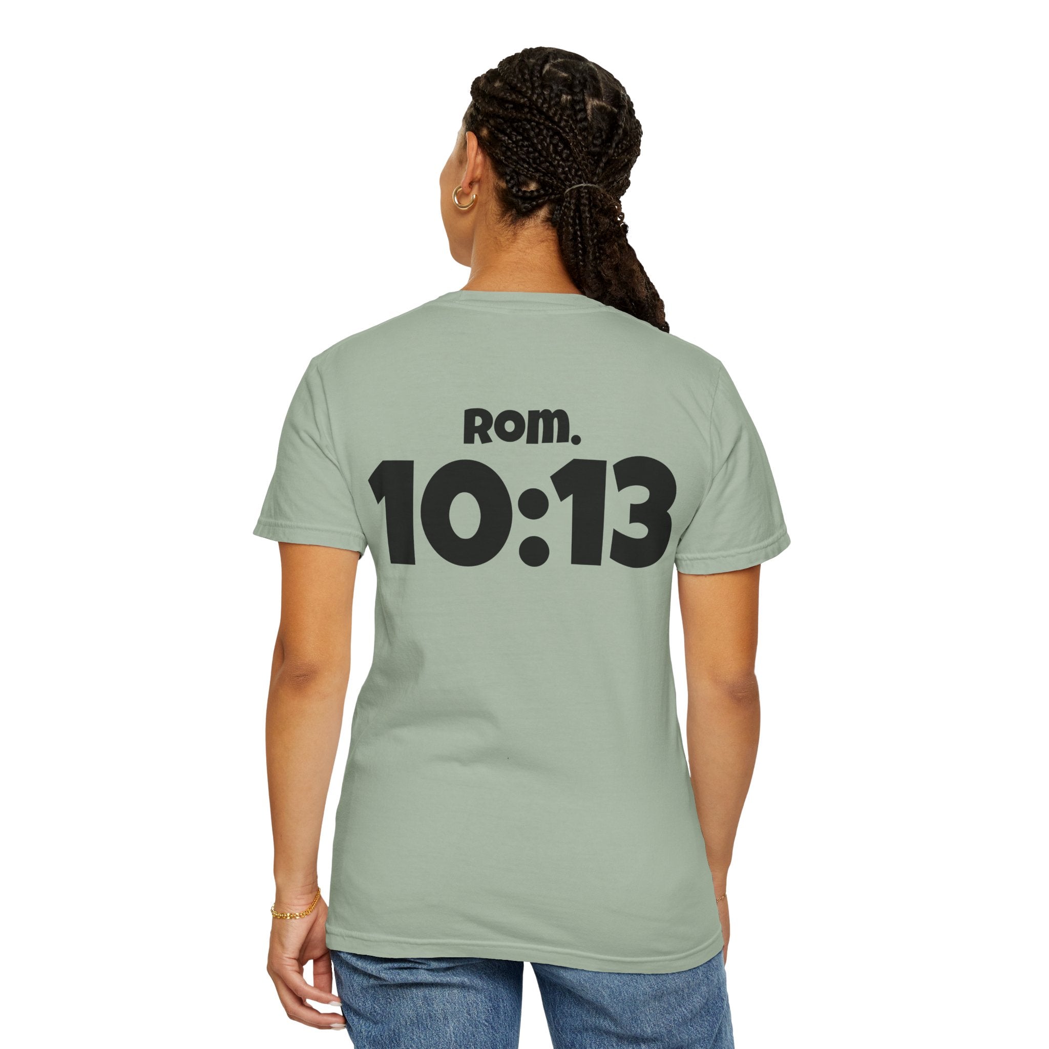 Christian T-Shirt — "Paid For" Cross Design with Rom. 10:13 Back