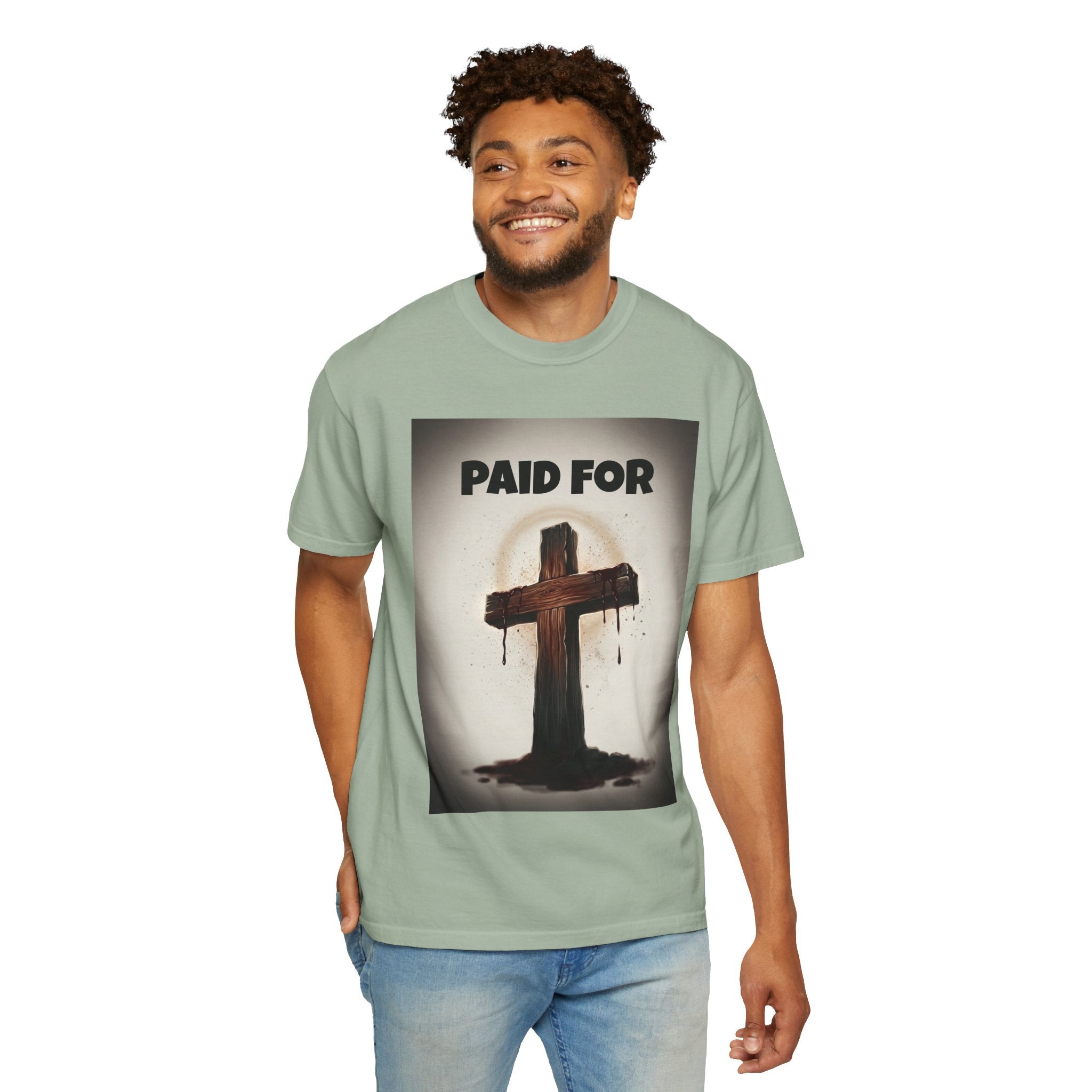 Christian T-Shirt — "Paid For" Cross Design with Rom. 10:13 Back