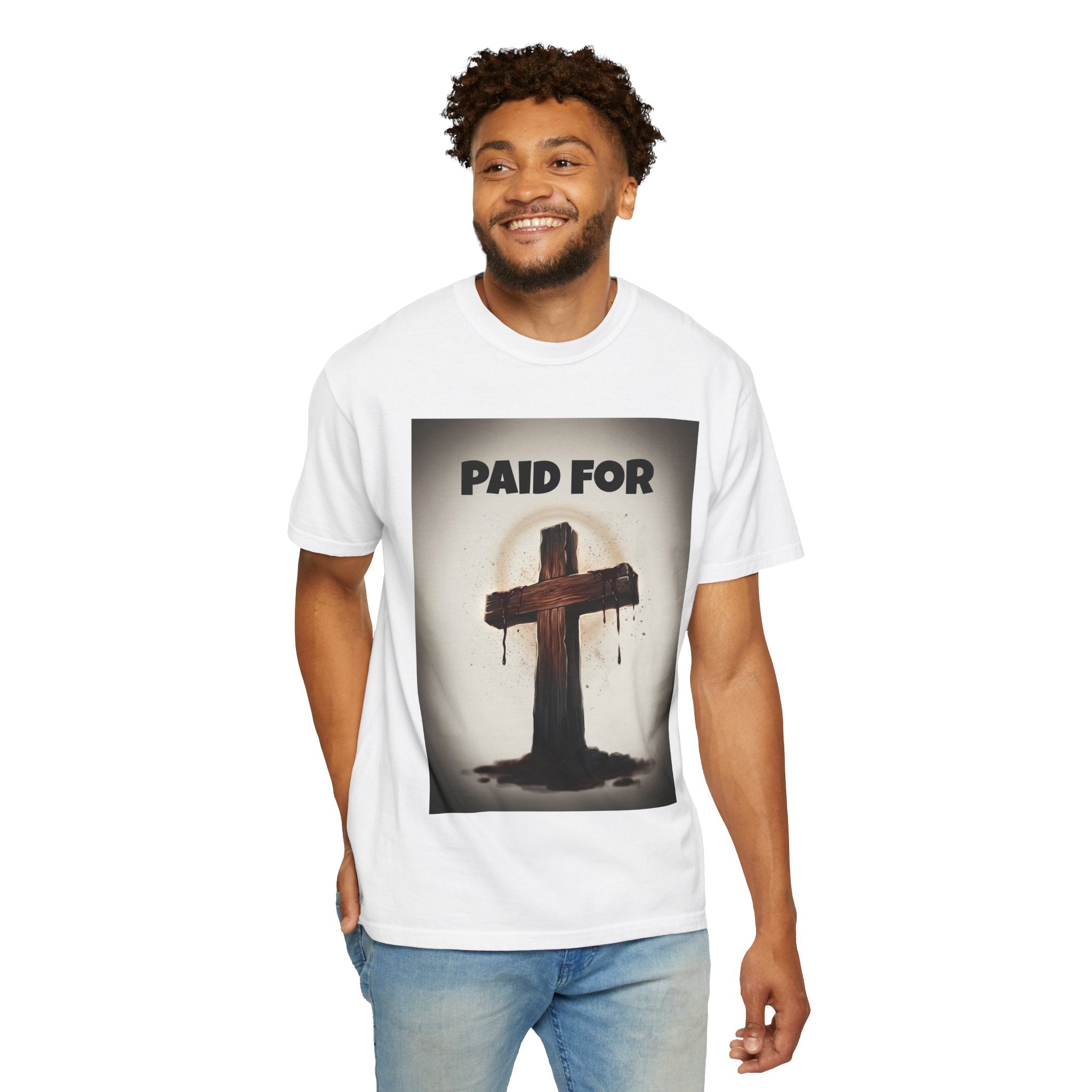 Christian T-Shirt — "Paid For" Cross Design with Rom. 10:13 Back