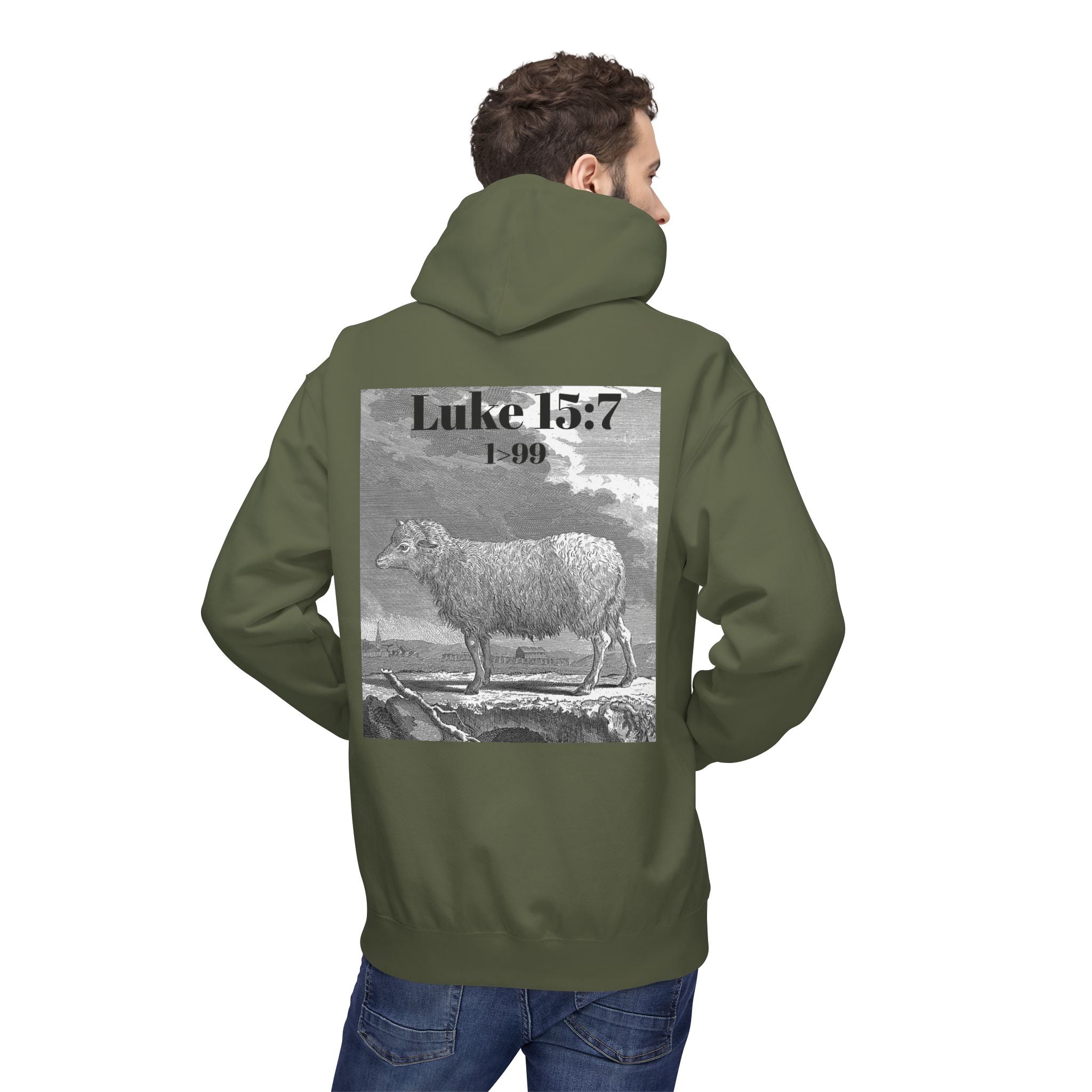Sheep Graphic Hoodie – "FOUND" Front & Luke 15:7 Back Religious Pullover