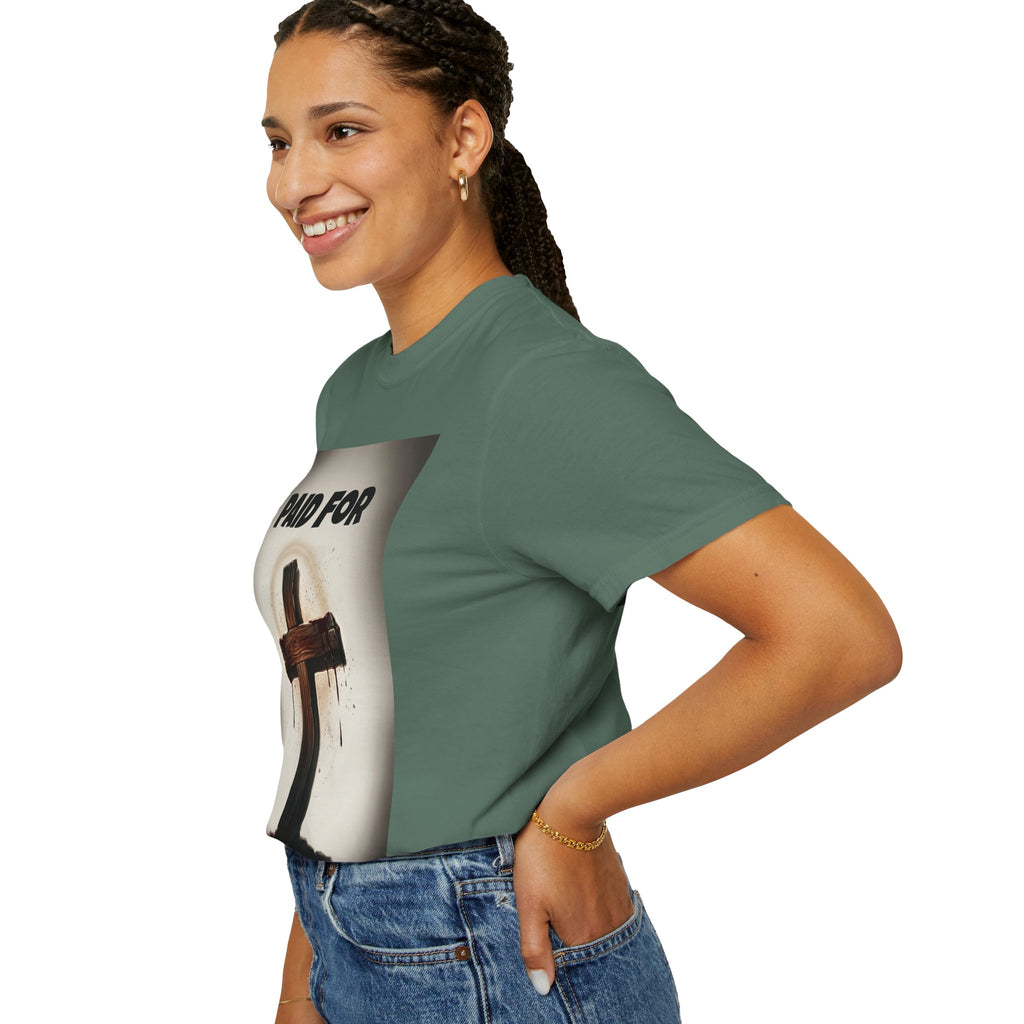 Christian T-Shirt — "Paid For" Cross Design with Rom. 10:13 Back