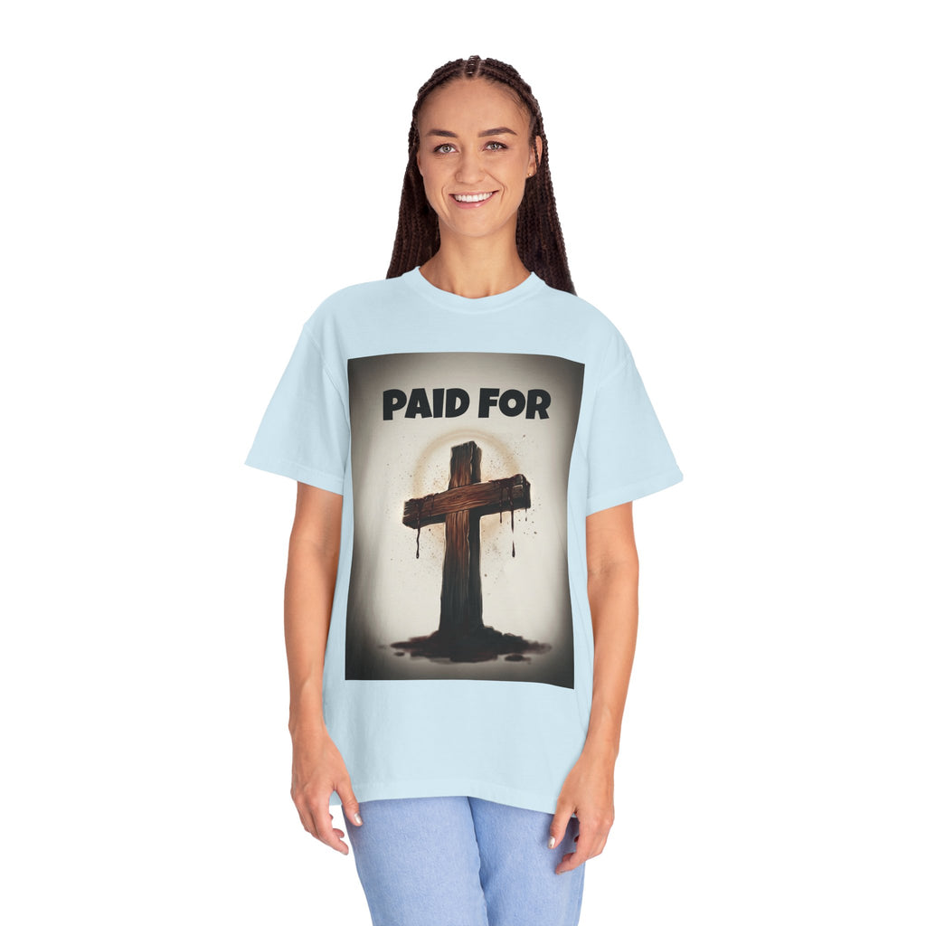Christian T-Shirt — "Paid For" Cross Design with Rom. 10:13 Back