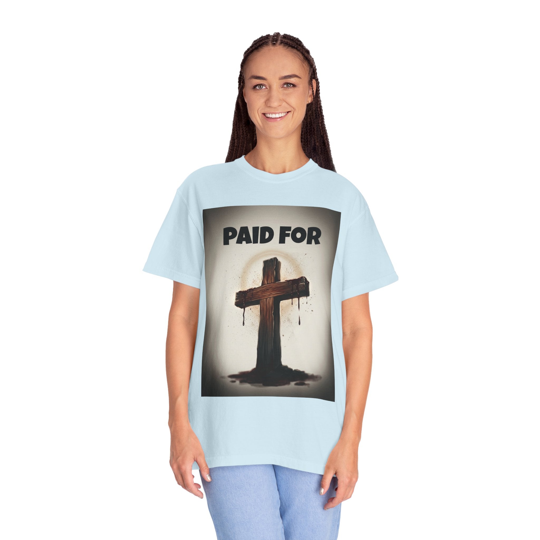 Christian T-Shirt — "Paid For" Cross Design with Rom. 10:13 Back