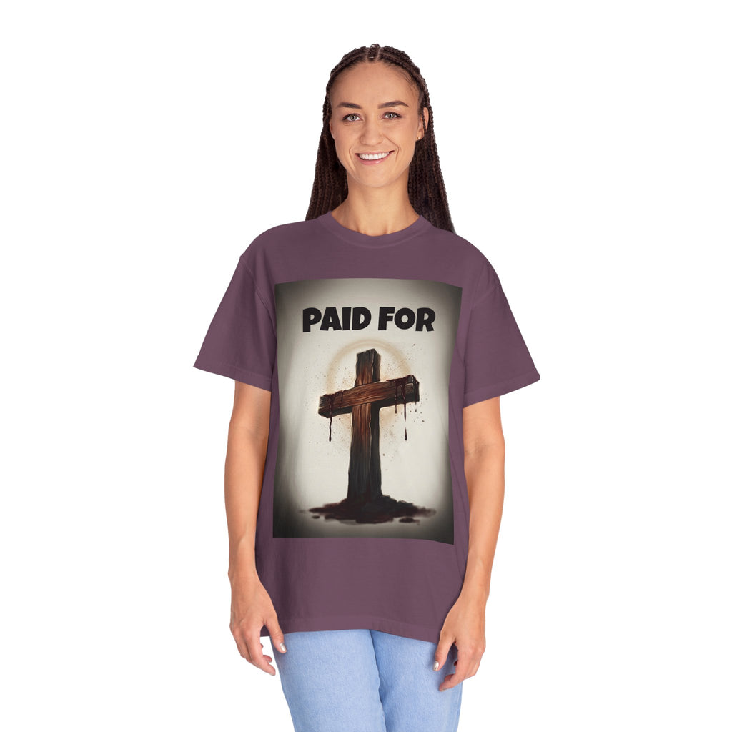 Christian T-Shirt — "Paid For" Cross Design with Rom. 10:13 Back
