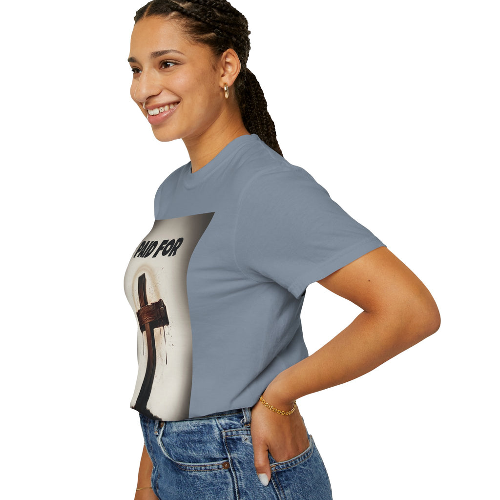 Christian T-Shirt — "Paid For" Cross Design with Rom. 10:13 Back