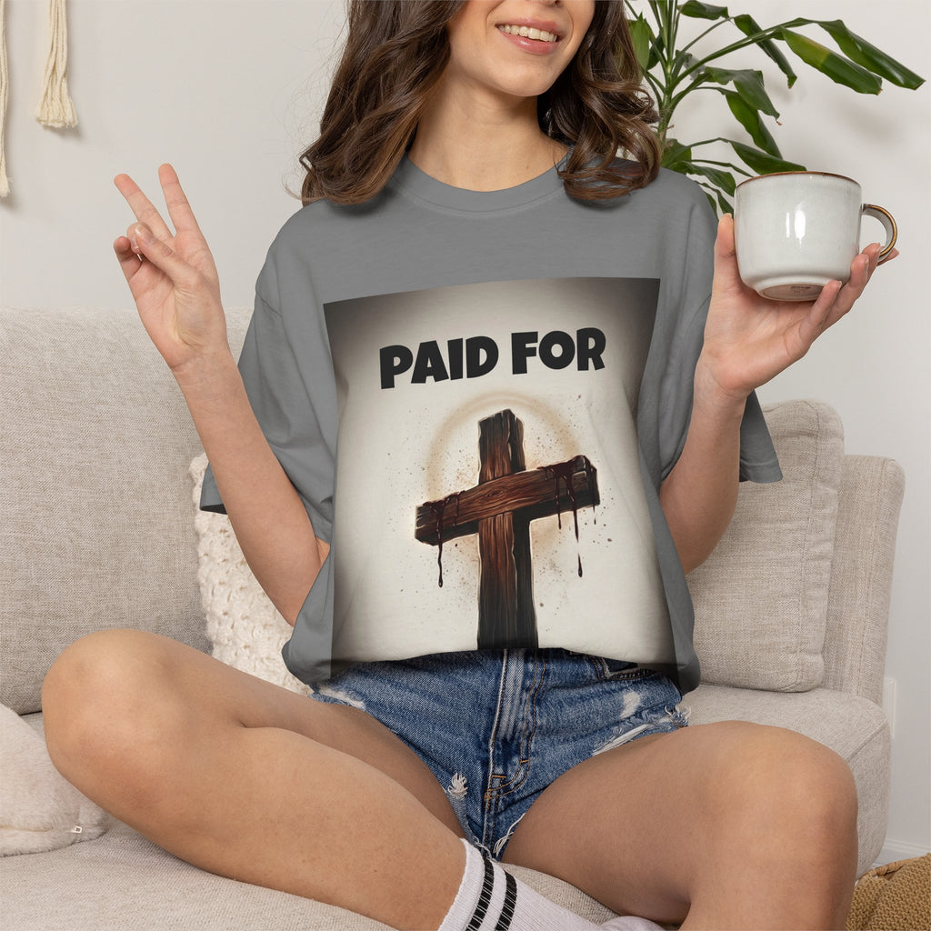 Christian T-Shirt — "Paid For" Cross Design with Rom. 10:13 Back