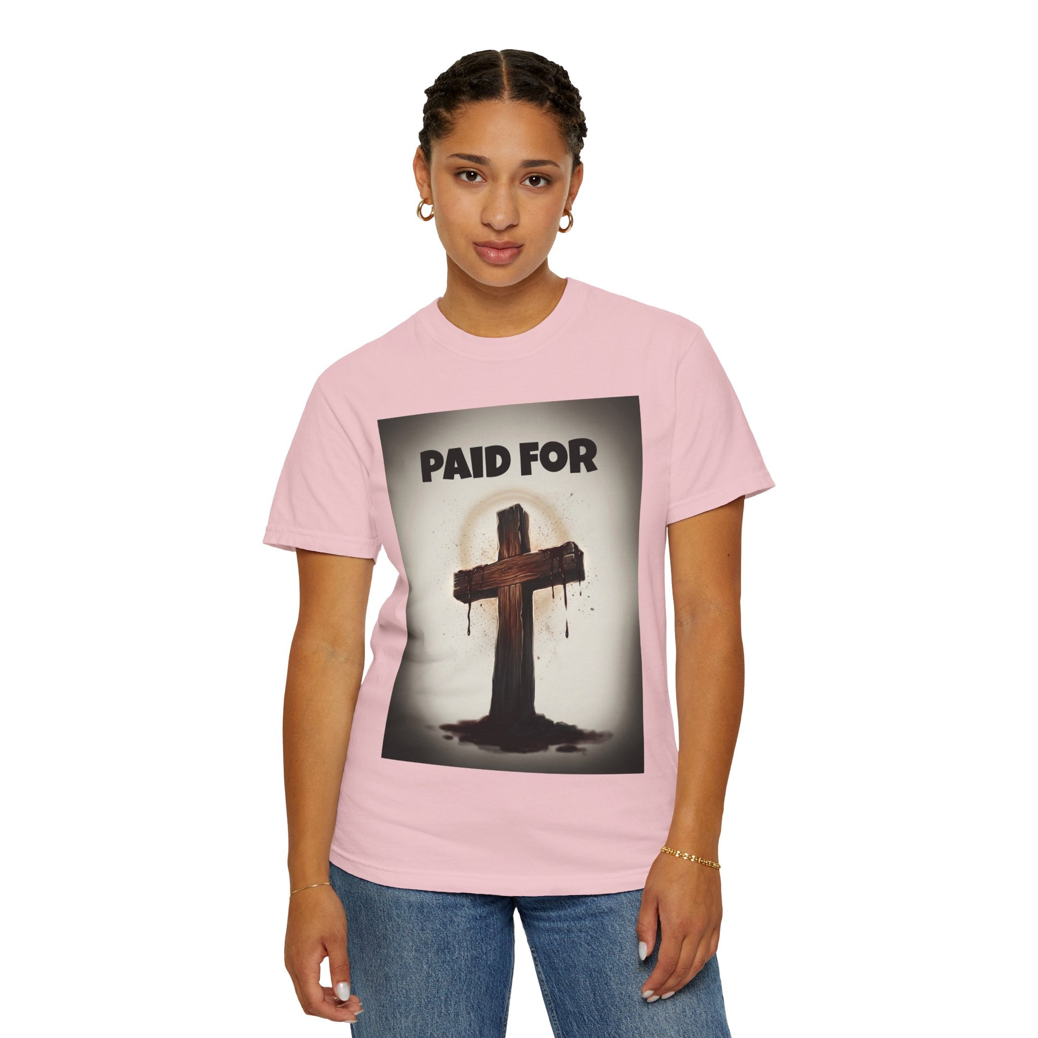 Christian T-Shirt — "Paid For" Cross Design with Rom. 10:13 Back