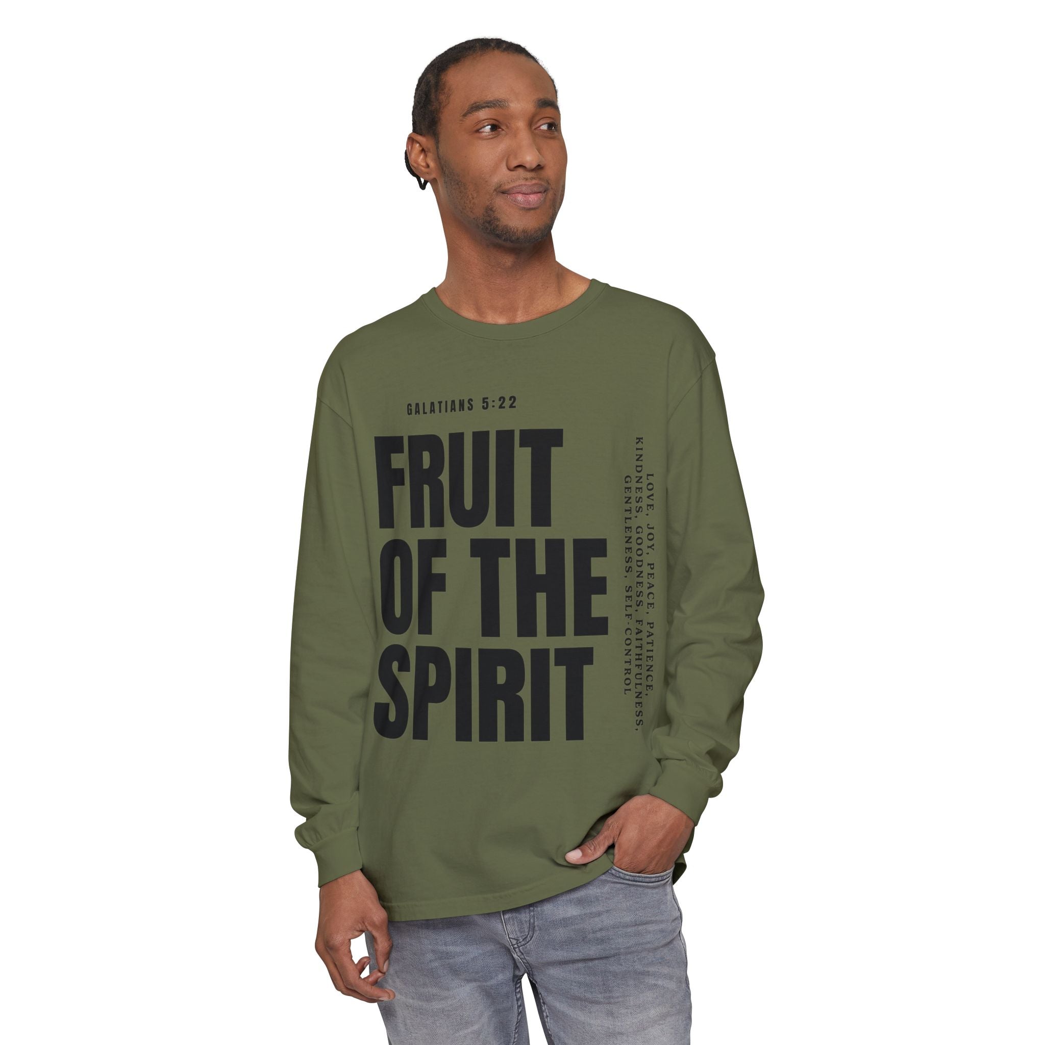 Fruit of the Spirit Long Sleeve Tee — Galatians 5:22 Christian Graphic Shirt (Be Fruitful)