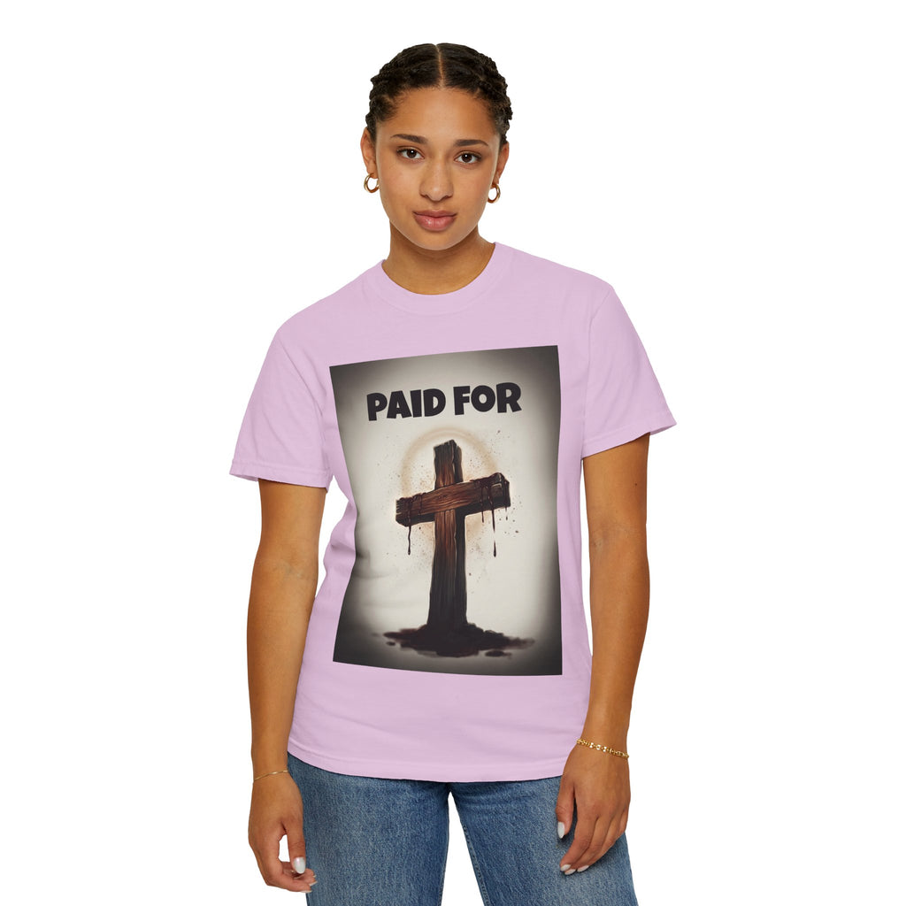 Christian T-Shirt — "Paid For" Cross Design with Rom. 10:13 Back