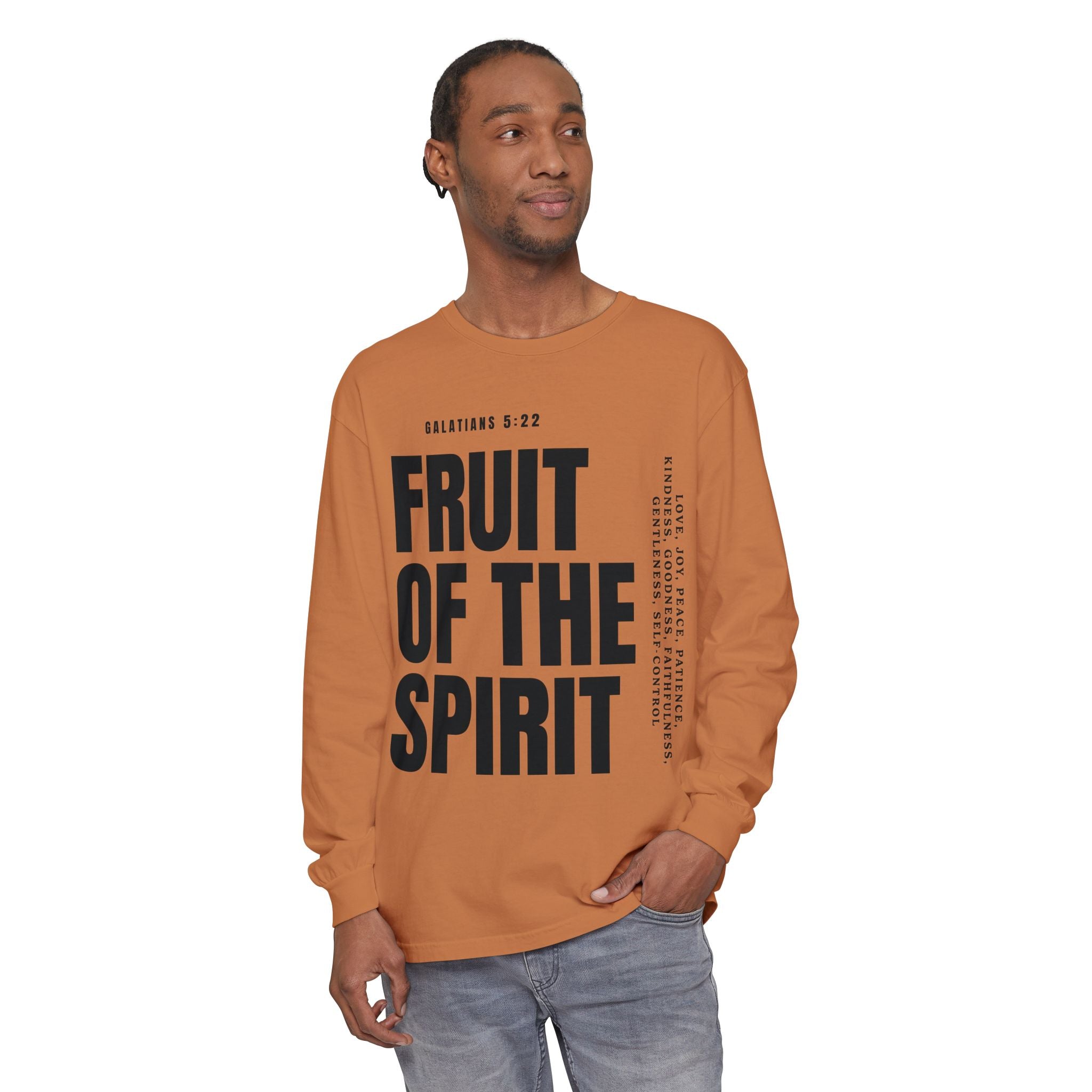 Fruit of the Spirit Long Sleeve Tee — Galatians 5:22 Christian Graphic Shirt (Be Fruitful)